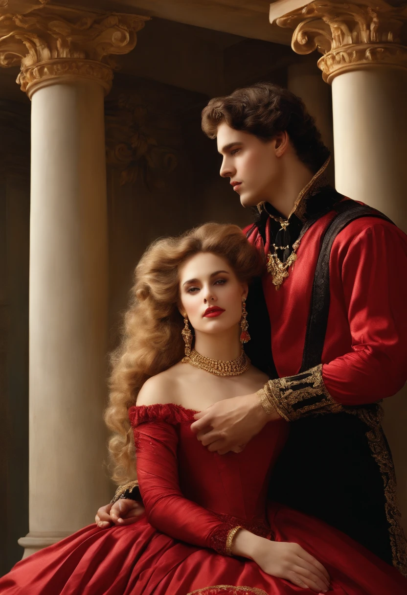 ​((Baroque style painting of a beautiful couple)) earrings and bracelets, beautiful and sensual young people, lascivious and mischievous face, dressed in red, black and gold clothes in the style of the Victorian era, clean eyes, sexy and shapely mouth, long, silky hair falling over her shoulders, ((looking at the camera)), ((Hugging each other in a garden with flowers and Greek columns)). baroque painting