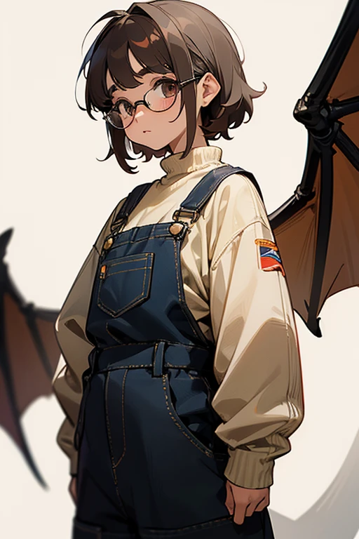 girl,light skin,dark brown short messy hair,dark skirt with long sleeves made of knitting
,brown long overalls,big silver dragon wings,white eyes,chubby body,14 years old,glasses as her kneckle