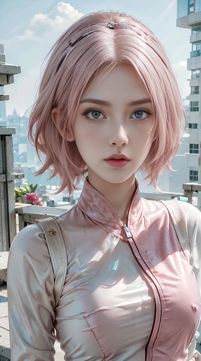 Young woman, porcelain skin, short pink hair, heart-shaped face, wide forehead, thin pink eyebrows, big jade green eyes, long eyelashes, buttoned nose, peach lips, SWAT vest, gun, Sakura Haruno, 3d, realistic , realism, high focus, details, futuristic city, future, buildings, cyberpunk