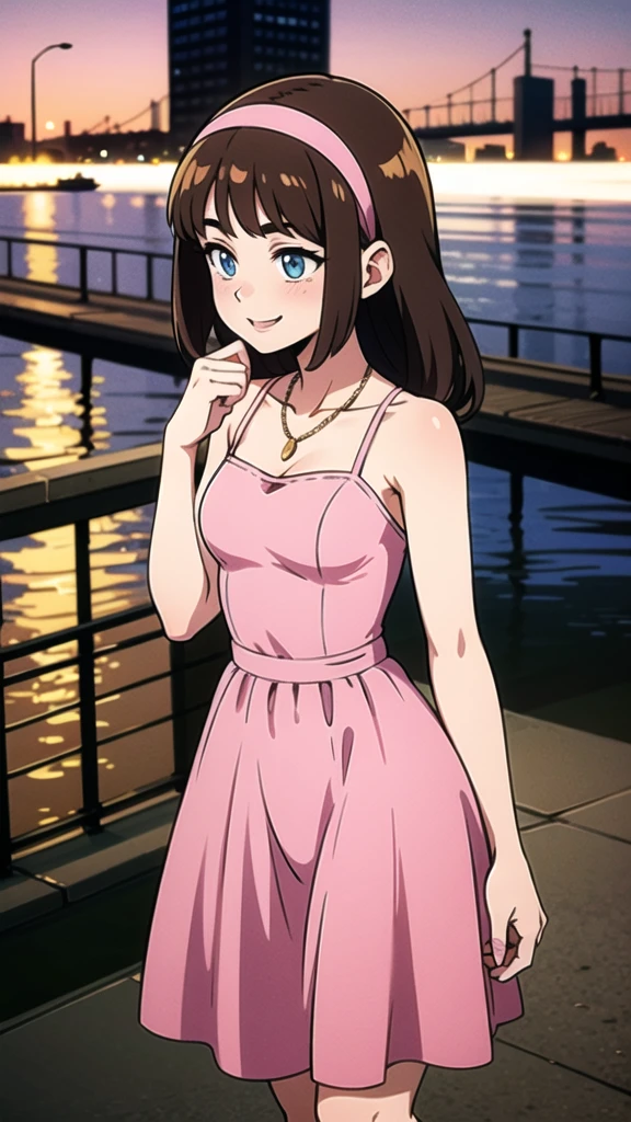 A 17 year old teenager, 1 girl, solo, brown hair, medium brown hair, pink Hairband, blue eyes, bare arms, pink maxi dress, little pink dress, golden necklace, smile, cowboy shot, hands crossed, hammer in her right hand, standing at a bridge, pink slippers, intricate details, sharp focus, high resolution, the background at a boat yacht at night, anime, masterpiece, very high resolution.