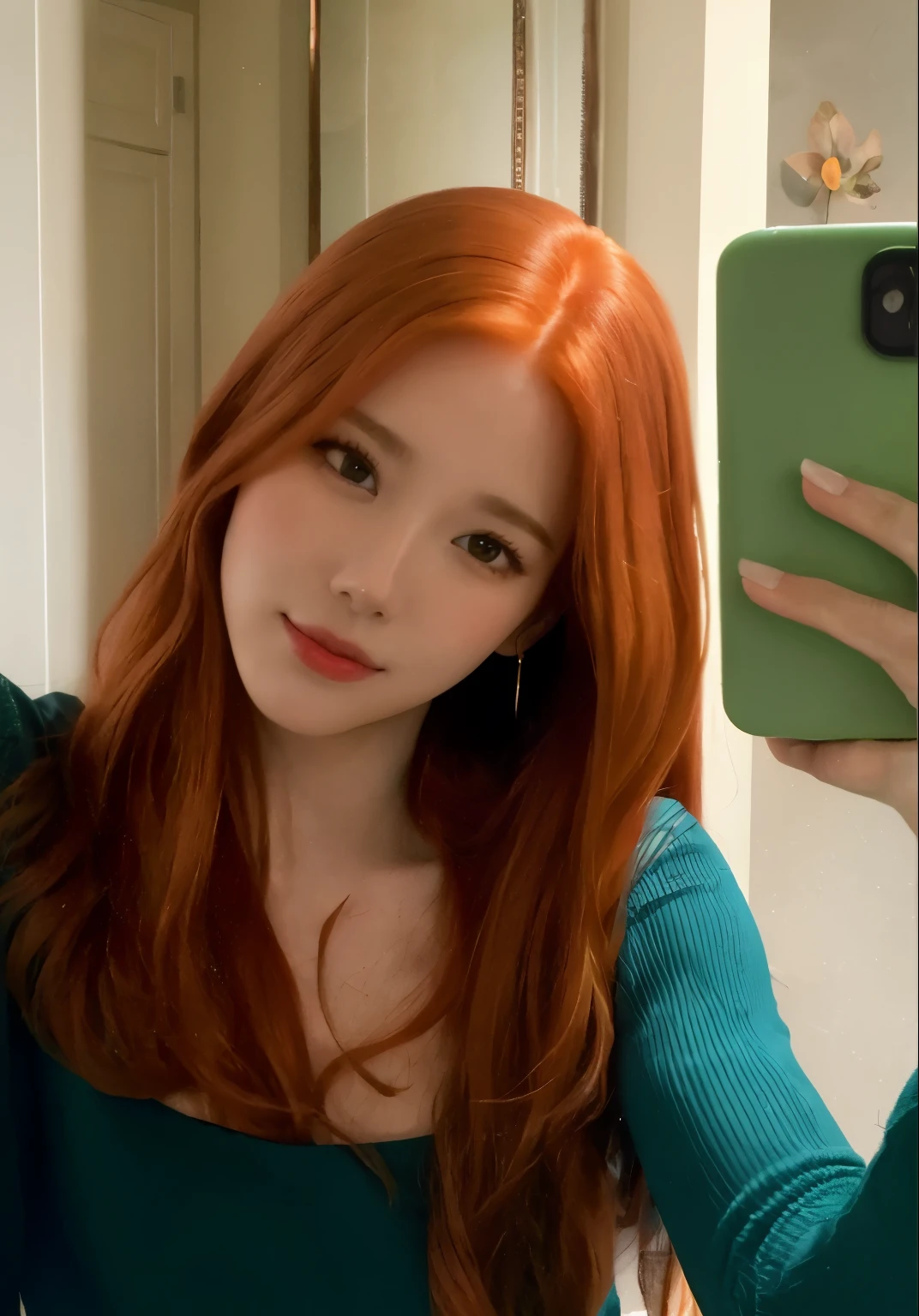 arafed woman taking a selfie in a mirror with a green phone, she has long orange brown hair, amouranth, better known as amouranth, she has long redorange hair, with red hair, young beautiful amouranth, she has red hair, a redheaded young woman, she is redhead, ginger hair, redhead girl Irene 