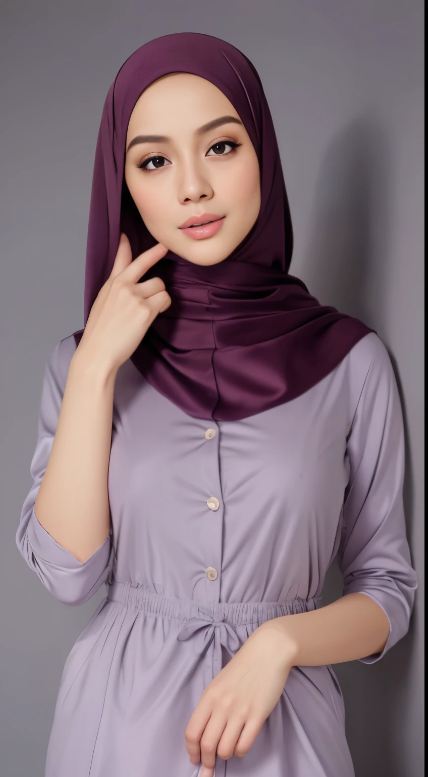 (very cute girl) , like mira filzah face, (raw photo:1.2), (()), (photorealistic:1.4), russia mix korea hyper white skin, realistic skin texture, pale skin, very detailed eyes and face, beautiful detailed eyes, turkish nose, super detailed, high resolution, very detailed, masterpiece,unified, 48k wallpaper, amazing, Fine details, masterpiece, best quality, ((Tight F cup breasts size)), straight long hair, (extra long hair : 1.5), dark brown hair, elegant hair style, light on face, cinematic lighting, 1girl, perfect body, slim abs, skinny, ((1 malay girl , beautiful face)), hyper realistic bright lighting, realistic shadow, ((wearing a twisted pajamas, purple color pajamas)), ((perfectly composition)), dynamic poses, dynamic shot angle, (All grey background)