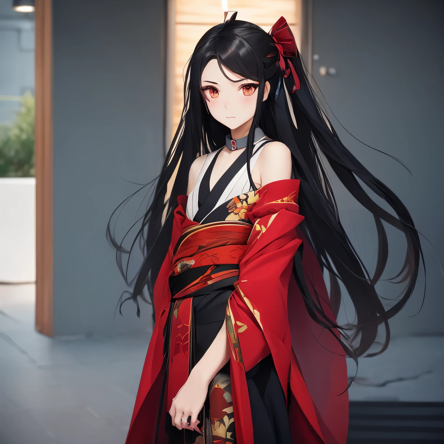black long hair that was down and a bit past shoulders, eye bags underneath crimson eyes from sleep deprivation, 6’1, black and red violently swirled designed half sleeved male kimono, tucked into black slacks, black wraps on arms with blood stains, black combat boots, pale skin and slender build.