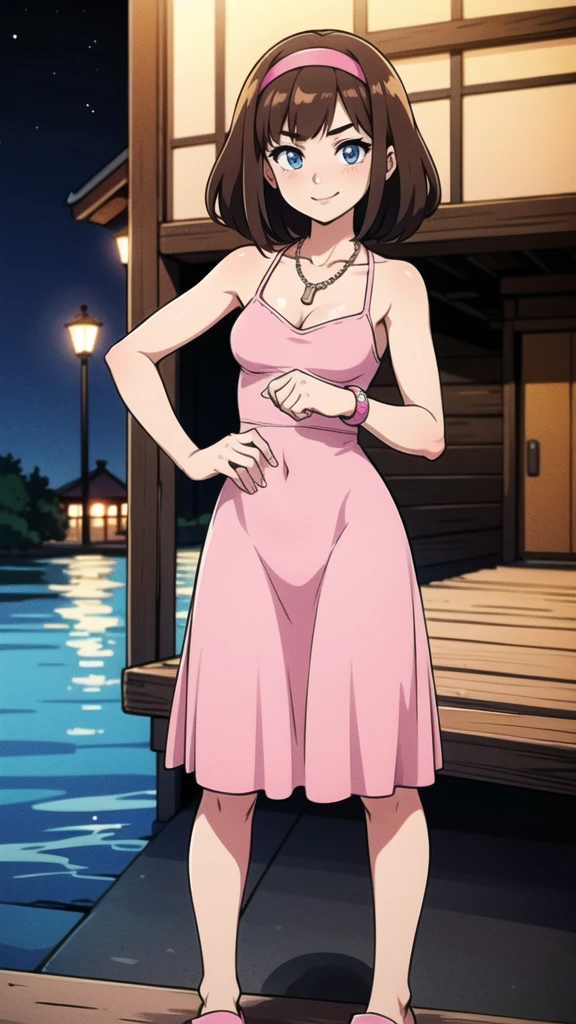 A 17 year old teenager, 1 girl, solo, brown hair, medium brown hair, pink Hairband, blue eyes, bare arms, pink maxi dress, little pink dress, golden necklace, smile, cowboy shot, hands crossed, hammer in her right hand, standing at a bridge, pink slippers, intricate details, sharp focus, high resolution, the background at a fancy boat at night, anime, masterpiece, very high resolution.