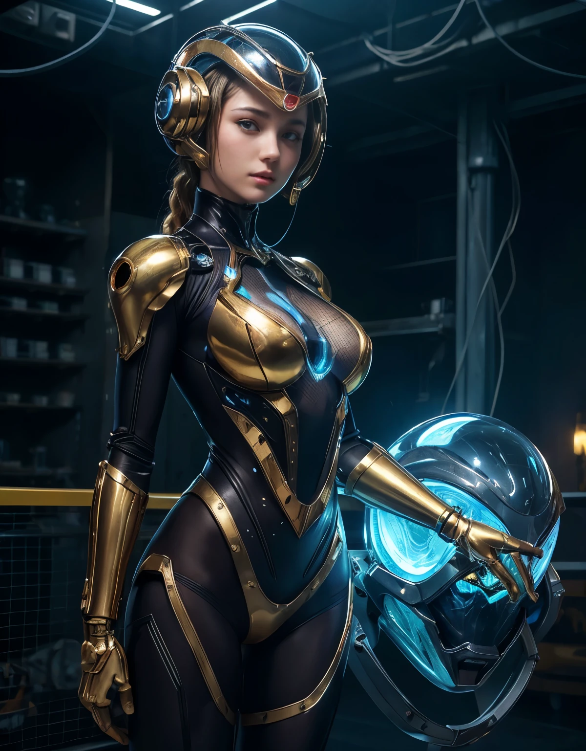 (Background of skimpy mechanical girl and octopus alien)、(Mystical expression)、highest quality、masterpiece、Super high resolution、(Photoreal:1.4)、RAW photo、1 girl、glowing skin、detailed face、(((1 Mechanical Girl)))、Heavy chest、(gold metal bodysuit)、(Natural alien background to fight aliens)、(Small LED)、((Super realistic details))、vertical giant monster background),global illumination、Shadow、octane rendering、24K、super sharp、robotの背景、big breasts、Raw skin exposed in the cleavage、intricate decorative details、Japan details、very intricate details、realistic light、(Mystical expression),CG Society Trenlow Eyes、Eyes shining towards the camera、Mechanical marginal blood vessels connected to neon detail tubes)、(Wires and cables connecting to the head)、Small LED、,mechanical thighs、two stock、(Hands are also made of machines)、robot、future alien、Please wear a mechanical helmet、transparent face guard on helmet、16K,