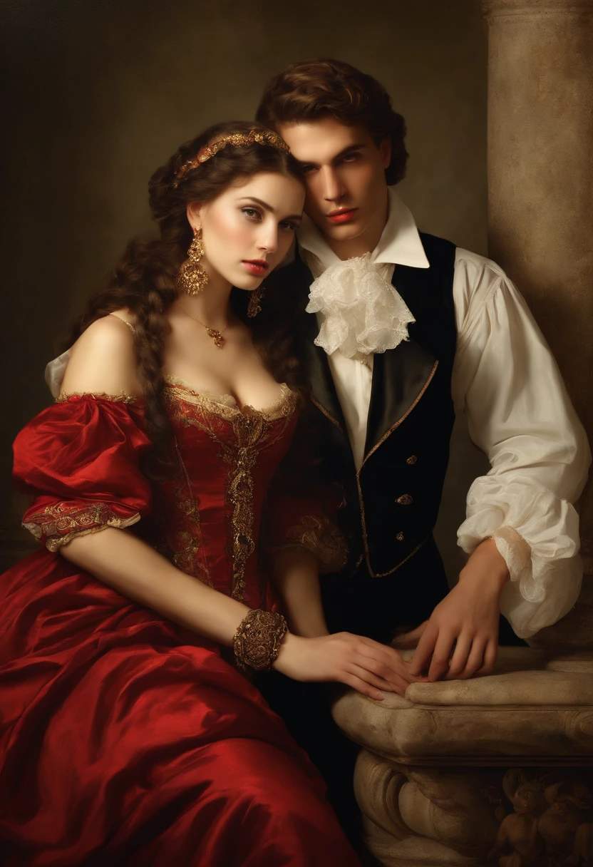 ​((Baroque style painting of a beautiful couple)) earrings and bracelets, beautiful and sensual young people, lascivious and mischievous face, dressed in red, black and gold clothes in the style of the Victorian era, clean eyes, sexy and shapely mouth, long silky hair falling over her shoulders, ((looking at the camera)), ((Hugging each other in a garden with flowers and Greek columns)). baroque painting