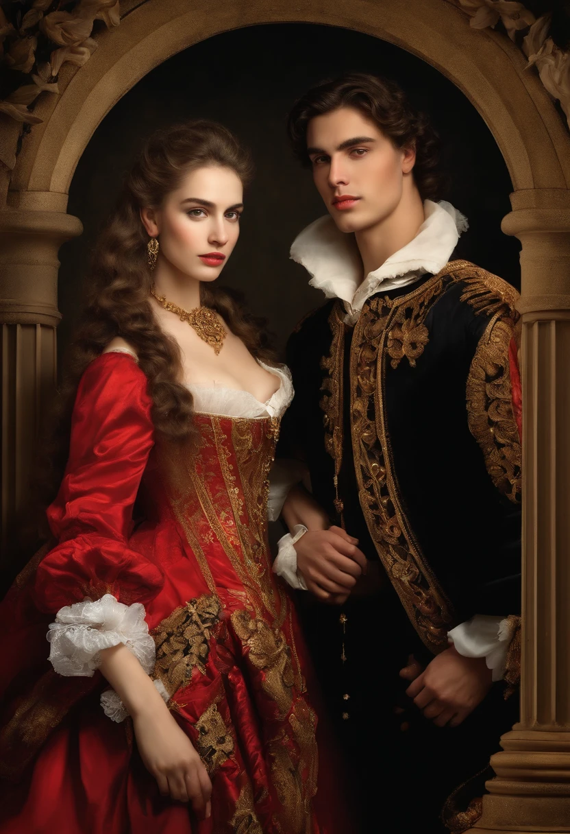 ((Baroque style painting of a beautiful couple)) earrings and bracelets, beautiful and sensual young people, lascivious and mischievous face, dressed in red, black and gold clothes in the style of the Victorian era, clean eyes, sexy and shapely mouth, long silky hair falling over her shoulders, ((looking at the camera)), ((Hugging each other in a garden with flowers and Greek columns)). baroque painting