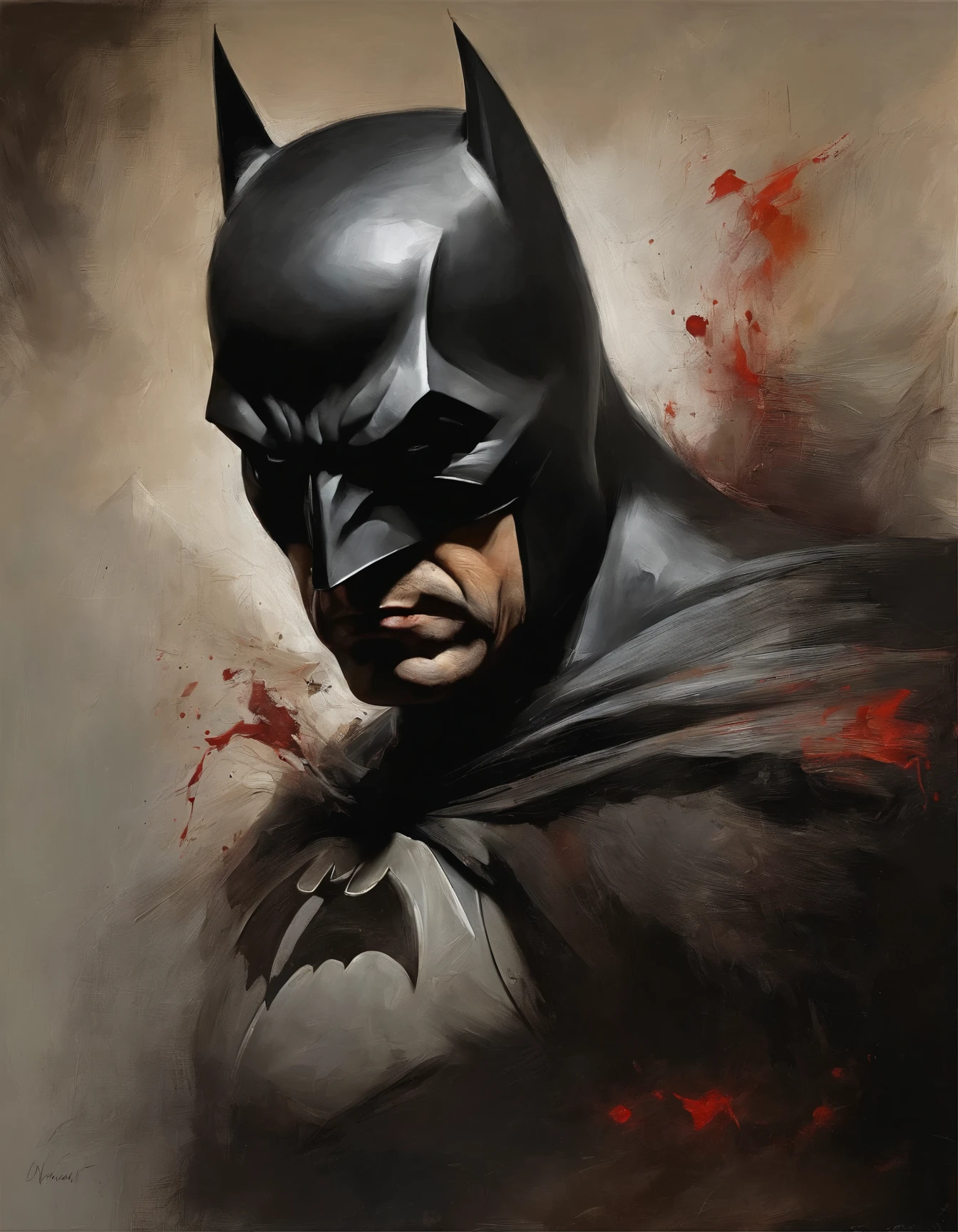 A portrait of (batman), covered in blood, Angry expression, smoke all around ,Baroque, dramatic contrasts between light and dark, emotional intensity, tenebrism, soft edges, oil on canvas, romanticism, baroque, realism, chiaroscuro, Dutch Golden Age, impasto, by Rembrandt van Rijn, by Rembrandt)