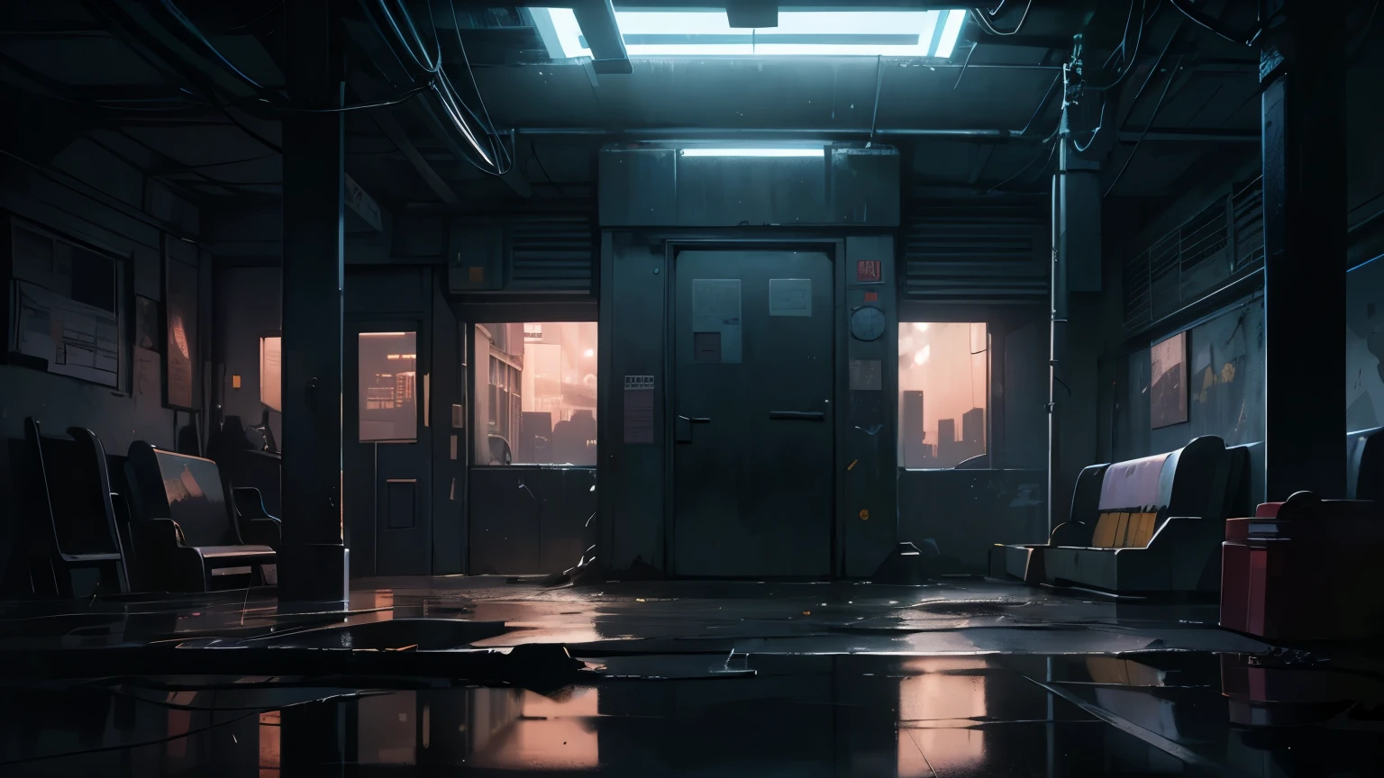 (masterpiece), (symmetrical framing point of view),(very dark environment),(suspense feeling),(very contrasting shadows),image of an abandoned 80s metro stop, graffiti on the walls, cracks, puddles of water reflecting light, lots of dirt on the floor, wiring, the dark silhouette of a city in the background, very dark closed night, dense fog, volume smoke, dim yellow bulb light, cloudy night sky, reflection of yellowish city light in clouds, pollution