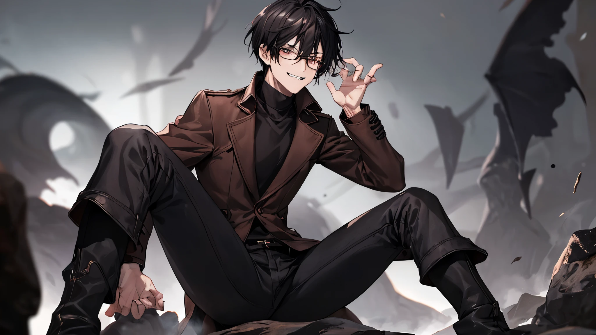 1 guy, black jeans, black hair, press, Thin, pale, Glasses, black hair, a little sporty, Glass eyes, anger, Evil smile, Blur background, Best quality, Brown eyes, coat thrown on, Collar, steep, Epic, everything is in dark colors, mud, Blood, Blackness, dark, shadows, Darkness, fangs, Hand in pocket, cross, ankle boots, it costs a lot, portrait,