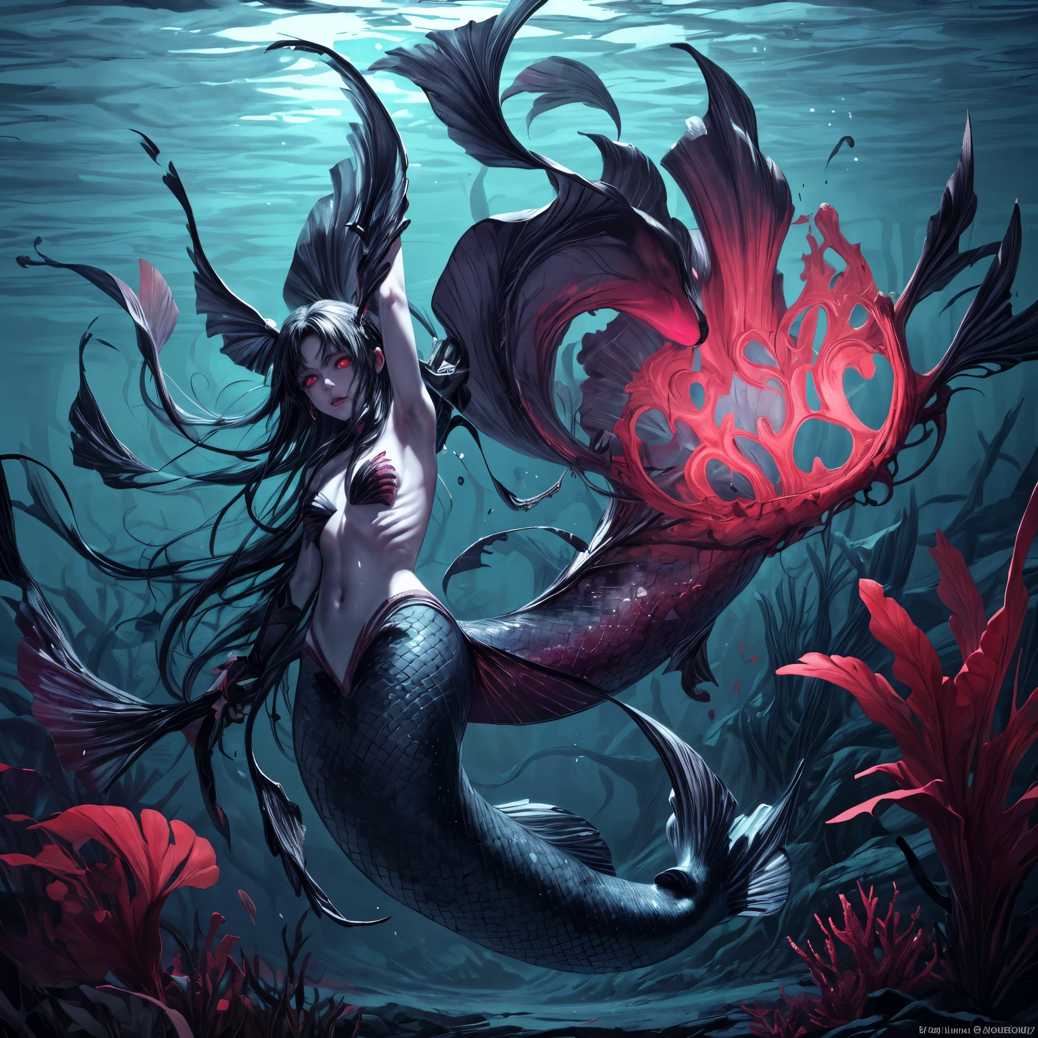 high details, best quality, 16k, [ultra detailed], masterpiece, best quality, (extremely detailed), full body, ultra wide shot, RAW, photorealistic, dark fantasy art, dnd art, rpg art, realistic art, an ultra wide picture of a vampiric mermaid (1.5 intricate details, Masterpiece, best quality) blood mage casting ((blood control spell)), blood wizard ((blood magic, intense magic details)), ((controlling a swirling mass of blood)) underwater, magical symbols GlowingRunes_pink, female vampiric mermaid, pale skin, black hair, long hair, swirling hair, lower body tail fin, intense eyes, red eyes, small (( red eyes)), ((glowing eyes)), wearing sea shell clothing, beautiful dark mermaid, underwater background, rich underwater life, ((magical atmosphere)), fish and sea weeds, high details, best quality, highres, ultra wide angle