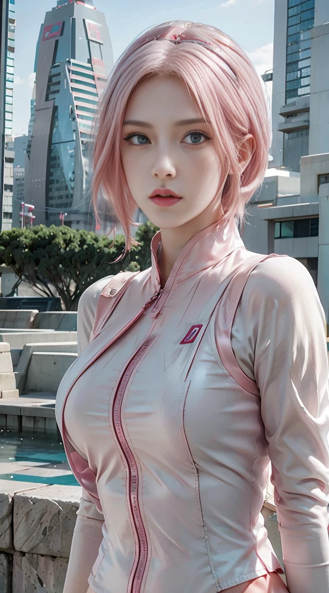 Young woman, porcelain skin, short pink hair, heart-shaped face, wide forehead, thin pink eyebrows, big jade green eyes, long eyelashes, buttoned nose, peach lips, SWAT vest, gun, Sakura Haruno, 3d, realistic , realism, high focus, details, futuristic city, future, buildings, cyberpunk