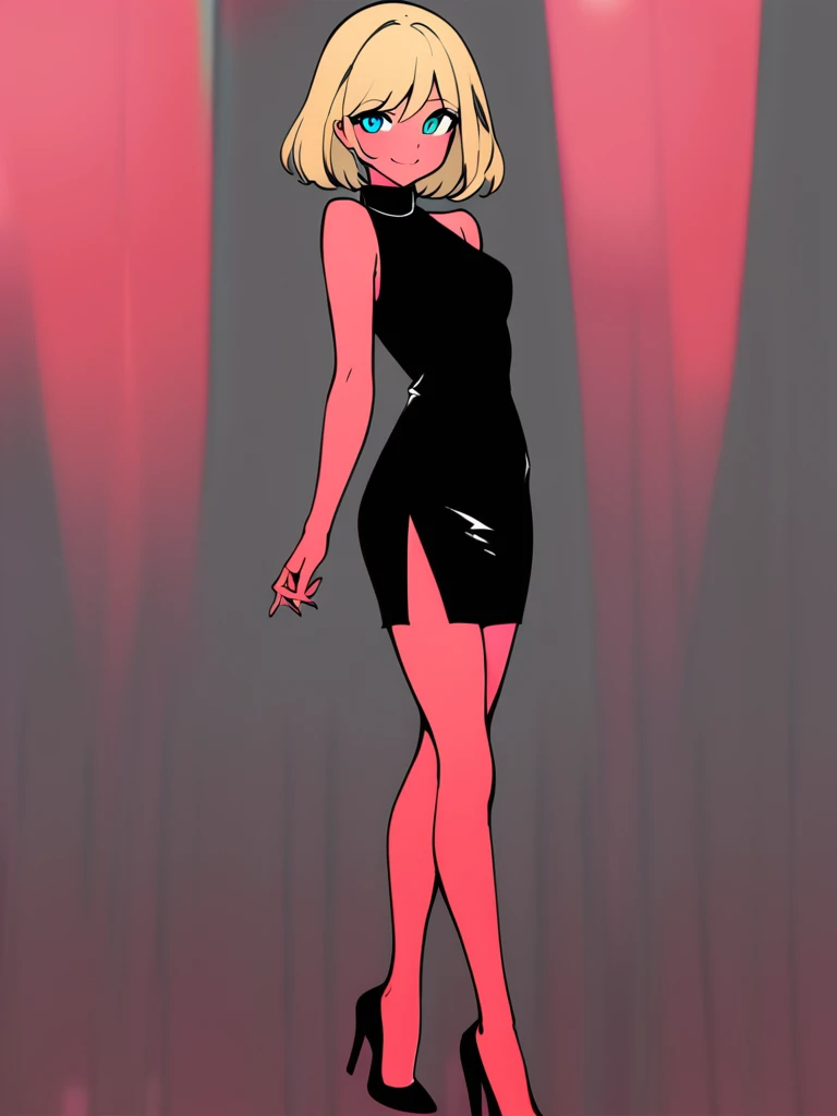 flat color, bright red background, masterpiece, best quality, young blonde woman, medium hair, blue eyes, wearing a little black dress, black high heels, looking at viewer, smile, nightclub background, disco lighting, standing up, seductive