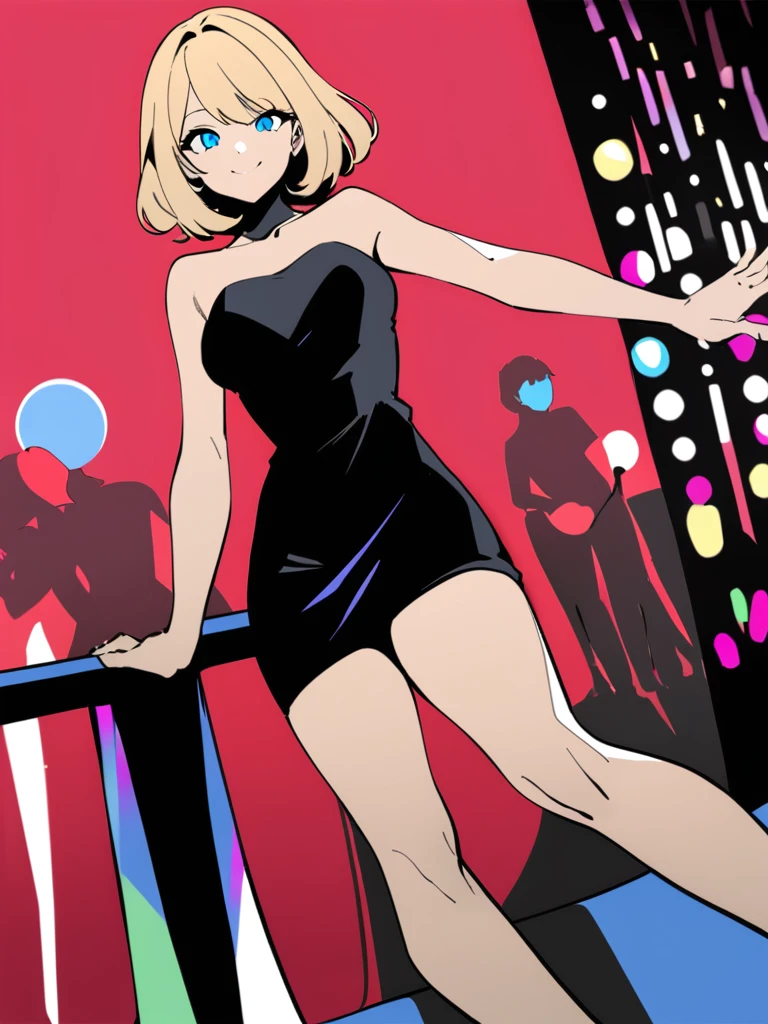 flat color, bright red background, masterpiece, best quality, young blonde woman, medium hair, blue eyes, wearing a little black dress, black high heels, looking at viewer, smile, nightclub background, disco lighting, standing up, seductive