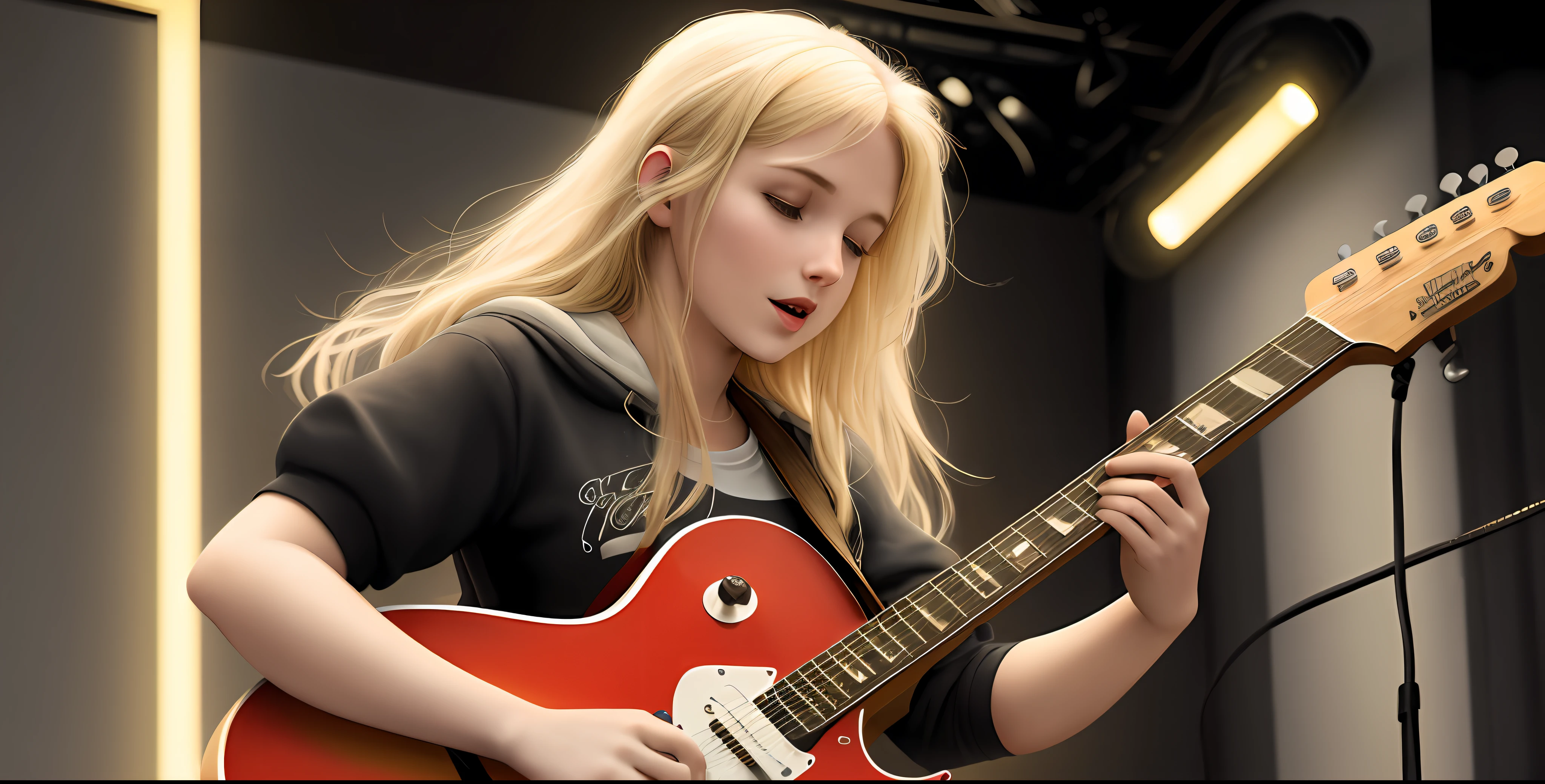 woman, 20 years old, blond hair, playing eletric guitar,