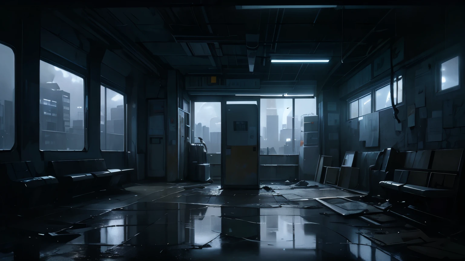 (masterpiece), (symmetrical framing point of view),(very dark environment),(suspense feeling),(very contrasting shadows),image of an abandoned 80s metro stop, graffiti on the walls, cracks, puddles of water reflecting light, lots of dirt on the floor, wiring, the dark silhouette of a city in the background, very dark closed night,  dense fog, volume smoke, dim yellow bulb light, cloudy night sky, reflection of yellowish city light in clouds, pollution