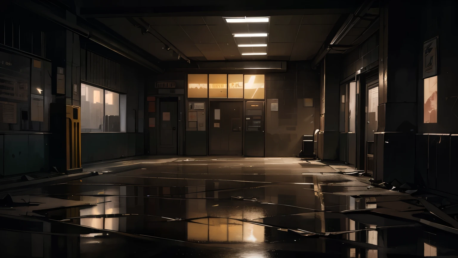 (masterpiece), (symmetrical framing point of view),(very dark environment),(suspense feeling),(very contrasting shadows),image of an abandoned 80s metro stop, graffiti on the walls, cracks, puddles of water reflecting light, lots of dirt on the floor, wiring, the dark silhouette of a city in the background, very dark closed night, dense fog, volume smoke, dim yellow bulb light, cloudy night sky, reflection of yellowish city light in clouds, pollution