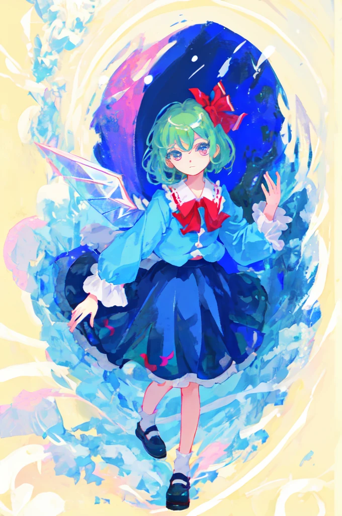 wearing blue dress、Anime girl with pink bow and blue dress, from Touhou, Anime cute art style, Touhou project, Touhou, cirno Touhou, splash ink art anime , Touhou character, , Lolin skirt, blizzard, cirno from Touhou, Hilabi,