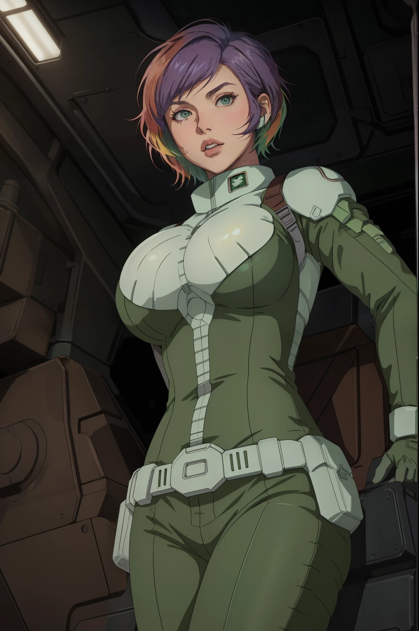 original character,good anatomy, masterpiece, best quality,realistic, hyperrealistic, 16k hdr,photorealistic, cinematic, zeon pilot, cockpit view, 20yo,beauty woman,(bright colored hair,short cut:1.2),green flight suit,large breasts,from below,dynamic pose