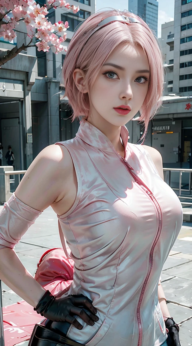 Young woman, porcelain skin, short pink hair, heart-shaped face, wide forehead, thin pink eyebrows, big jade green eyes, long eyelashes, buttoned nose, peach lips, SWAT vest, gun, Sakura Haruno, 3d, realistic , realism, high focus, details, futuristic city, future, buildings, cyberpunk