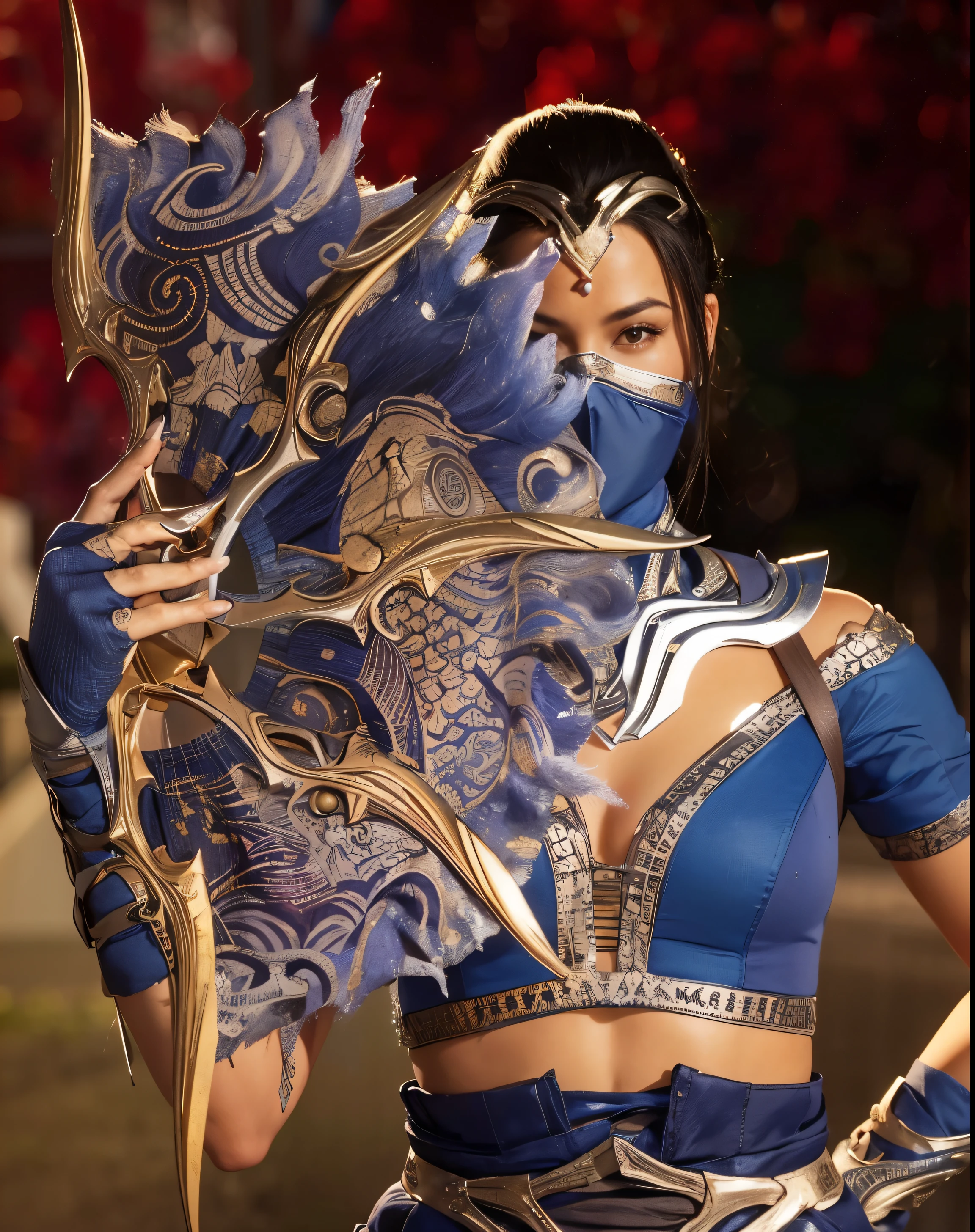 k, melhor qualidade, kitana mk1, segurando seu leque cheio de laminas, imagem real, detalhes intrincados, ultra-detalhado, ultra high resolution, campo de profundidade,(photorealista,realista:1.2),obra de arte, foto de kitana, olhos pretos, cabelo preto, decote, Sozinho, exalando poder, batalha, olhar de superioridade sol, blue sky, melhor qualidade, realista, photorealista, (detalhes intrincados:1.2), (delicado detalhado), (cinematic light), linha clara, sharp focus, realista face, Rosto detalhado Unity 8K papel de parede, ultra high resolution, (photorealista:1.4),