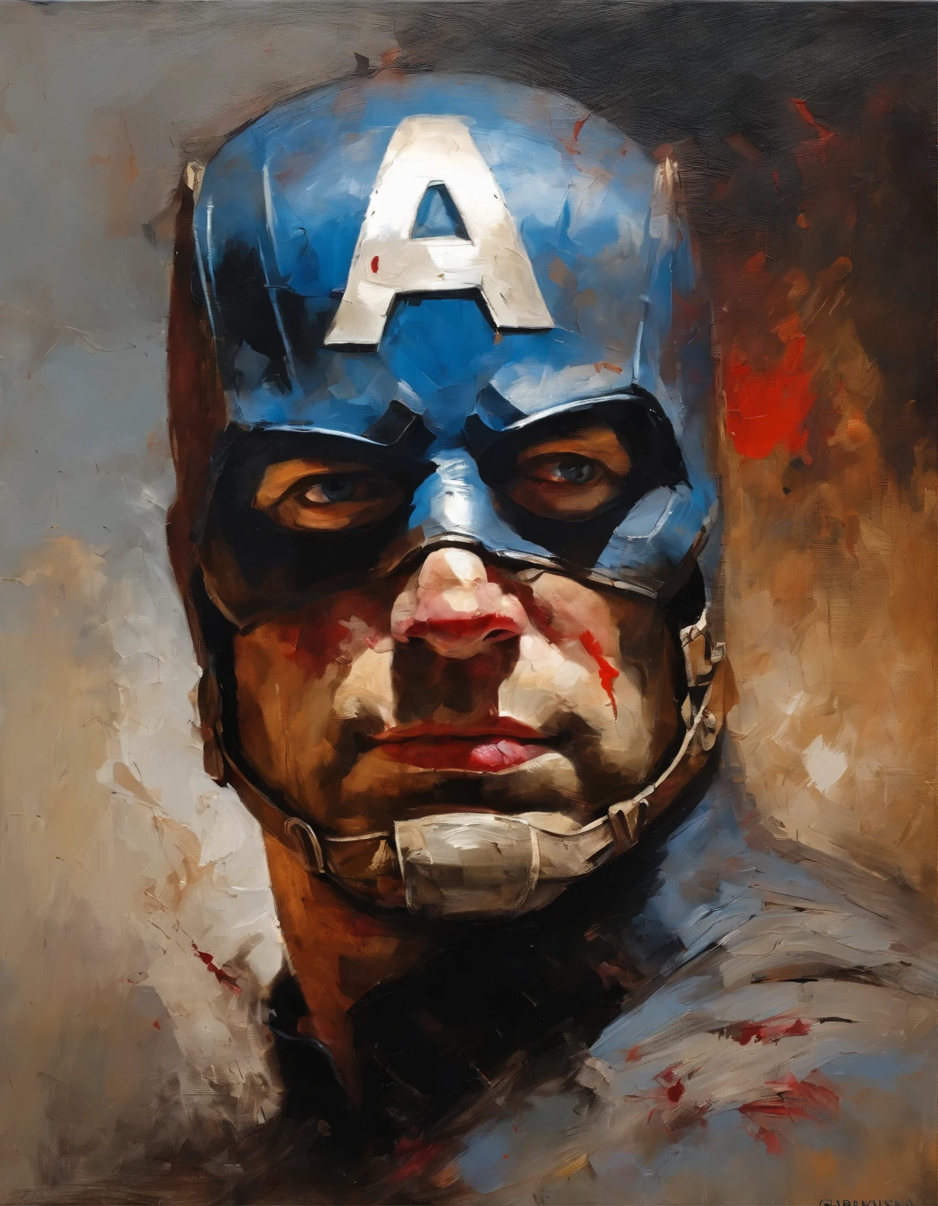 A portrait of (captain america), covered in blood, Angry expression, smoke all around ,Baroque, dramatic contrasts between light and dark, emotional intensity, tenebrism, soft edges, oil on canvas, romanticism, baroque, realism, chiaroscuro, Dutch Golden Age, impasto, by Rembrandt van Rijn, by Rembrandt)