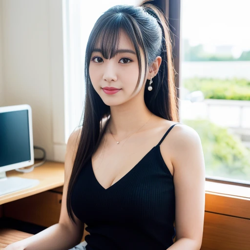 (8K, RAW photo, highest quality, masterpiece: 1.2), 超詳New, super resolution, (genuine, genuine photos: 1.37), portrait, High resolution RAW color photos, professional photos, 非常に詳New and beautiful, 非常に詳New, 8K wallpapers, amazing details, huge file size, official art, highly detailed CG Unity 8K wallpapers, 非常に詳New beautiful girls, 非常に詳New faces 非常に詳New eyes,thin eyebrows、single eyelid、 very fine skin, very fine fingers, very small nose, highly detailed mouth, perfect anatomy,office、パソコンの前の椅childに座っている、綺麗な肌のsmooth thighs、Operating a computer、Outside the window is the seaside、 highly detailed background, very fine clothes, 一人の女のchild, (18:1.2), Ten generations, cute girl, famous japanese idol,Asuka Saito、Kurogane Sara、Kurozakina々、Hikari Kuroki、Yoshiaki Izumi、Miyuka Minami、Airin Sugimoto、Airi Furuta、 cute, realistic body, , white skin, glowing skin, Thick、Chubby、glamorous, black hair, Thin, straight, very long hair in a ponytail、, (dull bangs:1.2), smile, cute, like々New , cute顔,calm expression、 small mouth、thin lips、genuineistic face, delicate eyes, sale eyes,Pearl piercing、Wide open chest、Pearl necklace on the chest、Mole on the chest、Light purple cotton cut and sew、sleeveless、thin shoulder strap、skin is transparent、chest is wide open、deep cleavage、chest is drooping、No bra、Big breasts are heaving、Big breasts are about to spill out、お腹もChubby、photo from the waist up、firm buttocks、smooth thighs、light purple tulle skirt、The nipples are slightly brown and transparent at the tip of the chest.、small nipple protrusion at the tip of the chest、Photographed from 45 degrees in front、keyboard and computer monitor
