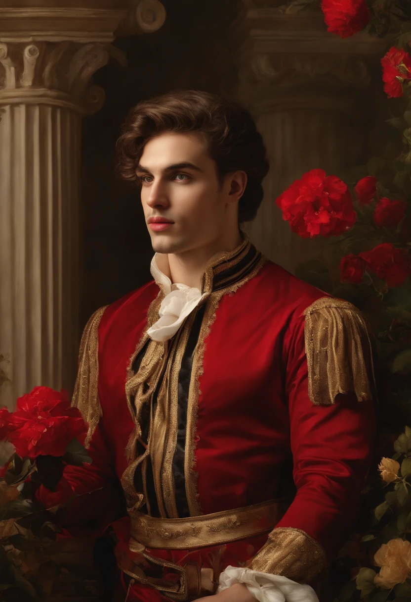 ((Baroque style painting of two men)) earrings, beautiful and sensual young men, lascivious and mischievous face, dressed in red, black and gold clothes in the style of the Victorian era, clean eyes, sexy and shapely mouth, long silky hair falling on her shoulders, ((looking at the camera)), ((Hugging each other in a garden with flowers and Greek columns)). baroque painting