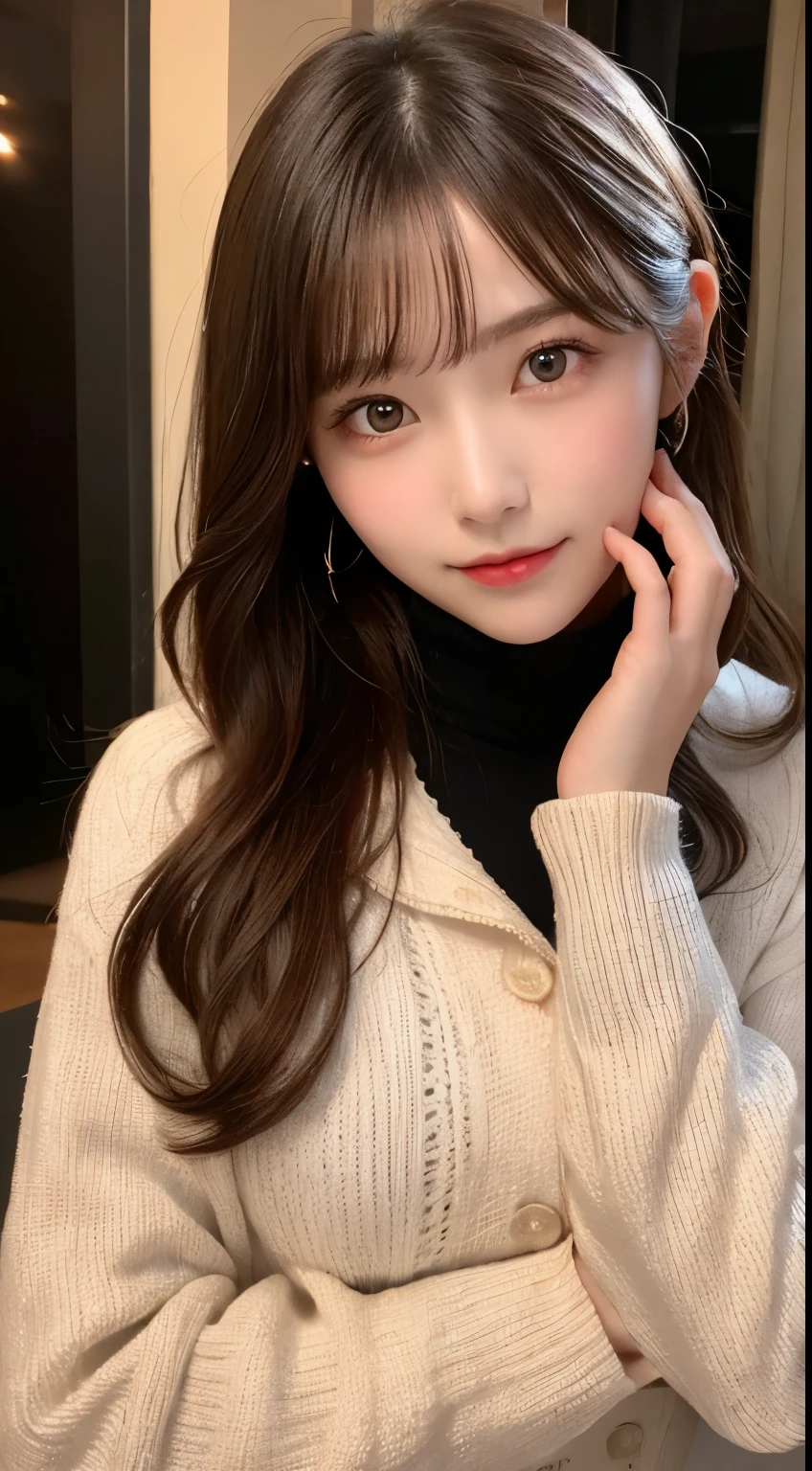 table top, highest quality, figure, Super detailed, finely, High resolution, 8k wallpaper, 完璧なダイナミックな構figure, detailed and beautiful eyes, Gorgeous black fluffy Tokyo winter clothes,ランダムなcute髪,,natural color lip, bold sexy pose,smile、20 year old girl、cute、sexy shot looking at camera,常にblur the background,perfect and beautiful face,Take only the face,Beautiful and dense face、slim face and style,Big eyes、Do gal makeup、Living room of luxury designer tower apartment、blur the background、cute hairstyles、cuteポーズ、make a piece for the camera