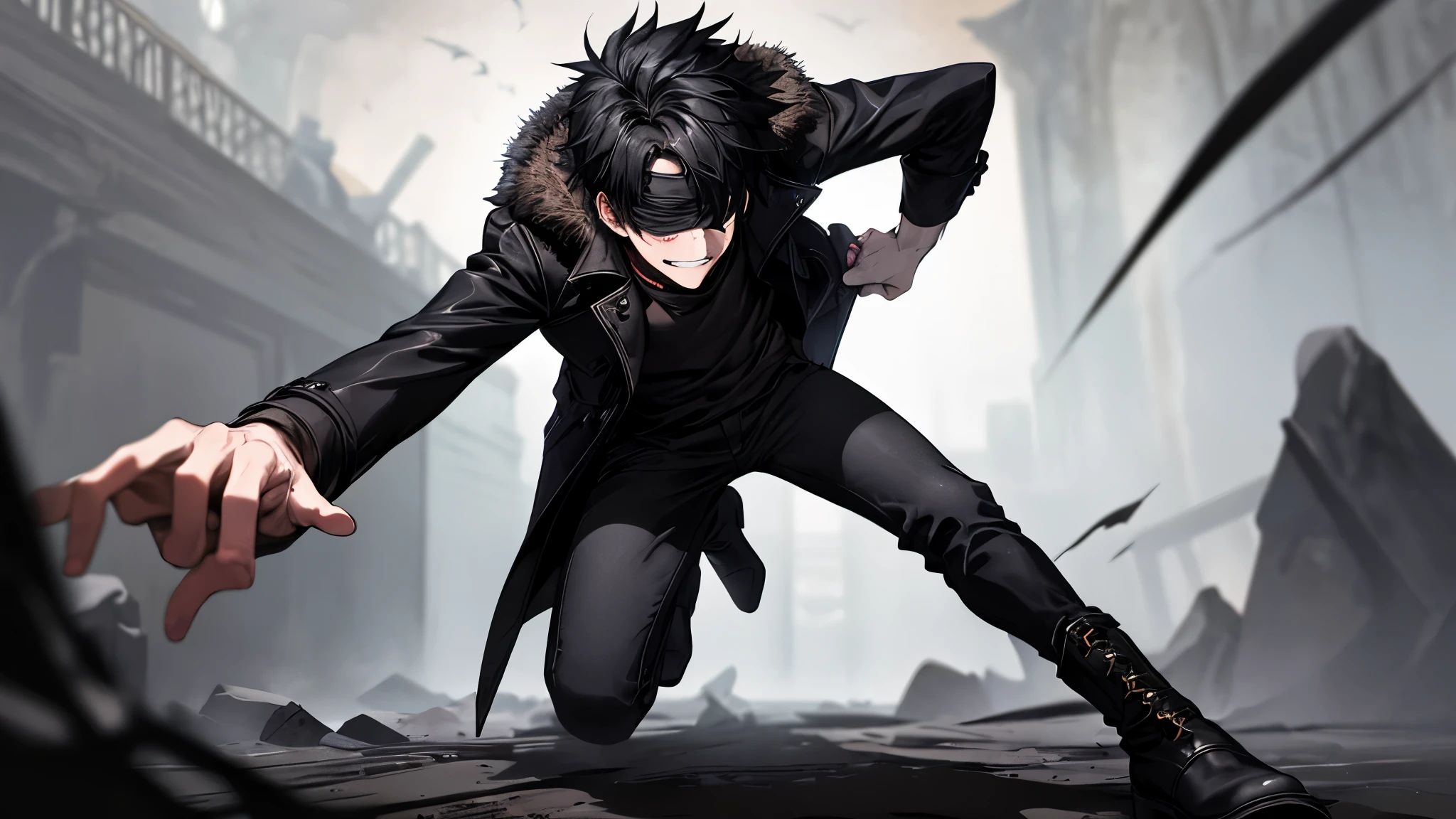 1 guy, black jeans, black hair, press, Thin, pale, Glasses, black hair, a little sporty, Glass eyes, anger, Evil smile, Blur background, Best quality, Brown eyes, coat thrown on, Collar, steep, Epic, everything is in dark colors, mud, Blood, Blackness, dark, shadows, Darkness, fangs, Hand in pocket, cross, ankle boots, blindfold,