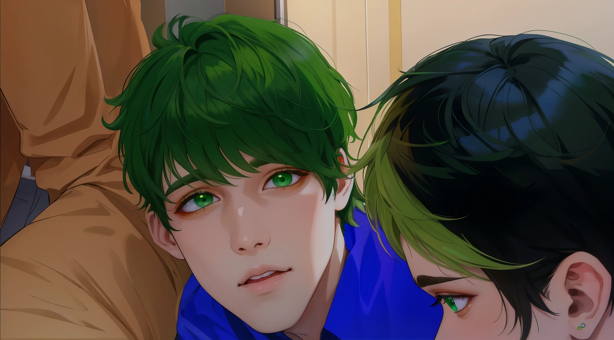 hay dis chicos sentado hablando tiene cabello verde labios de color verdes tieen un ojo verde y el otro ojo cafe