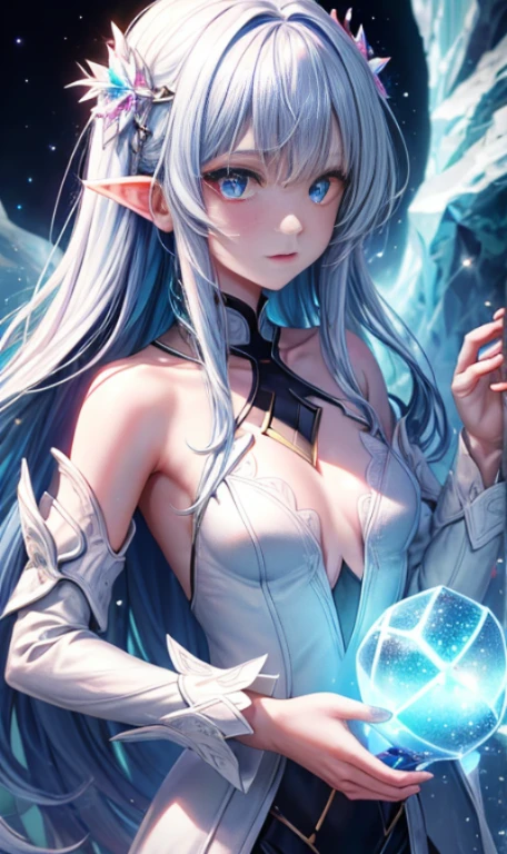 (absurdres, best high quality image, carefuly detailed features and textures, very detailed image, solo character alone, full character view): {{(1character: 23 years old half-elf princess ice girl), (pale skin, pure white medium straight hair, blue eyes with white pupils, short pointy ears, light blue lips, white eyebrows, big breasts, sexy body), (pale blue ice armor, blue royal dress under ice armor, blue royal head band, silver necklace, white long sleeved gloves, blue long boots with pointy heels), (short crystal wand), (confident demeanor, gentle smile, strong pose, wise demeanor, holding her wand with left hand), (roman style castle, sunny day morning)}}
