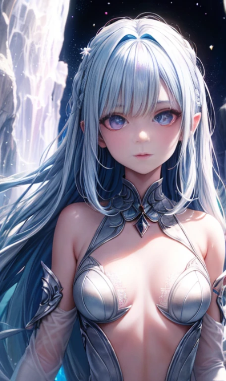 (Fine, clear images, super resolution, extremely amazing detail, awesome detail), subsurface scattering, masterpiece, best quality, high quality, 1girl, solo, upper body, prism eyes, prism hair, prism, serious, [silver|white] + (blue: -0.3) hair, blue + red eyes, gradient eyes, multicolored eyes, calm, small breasts, suit, glowing eyes, glowing eyes, glowing white particles, glitter, blooming, fantasy, cave,