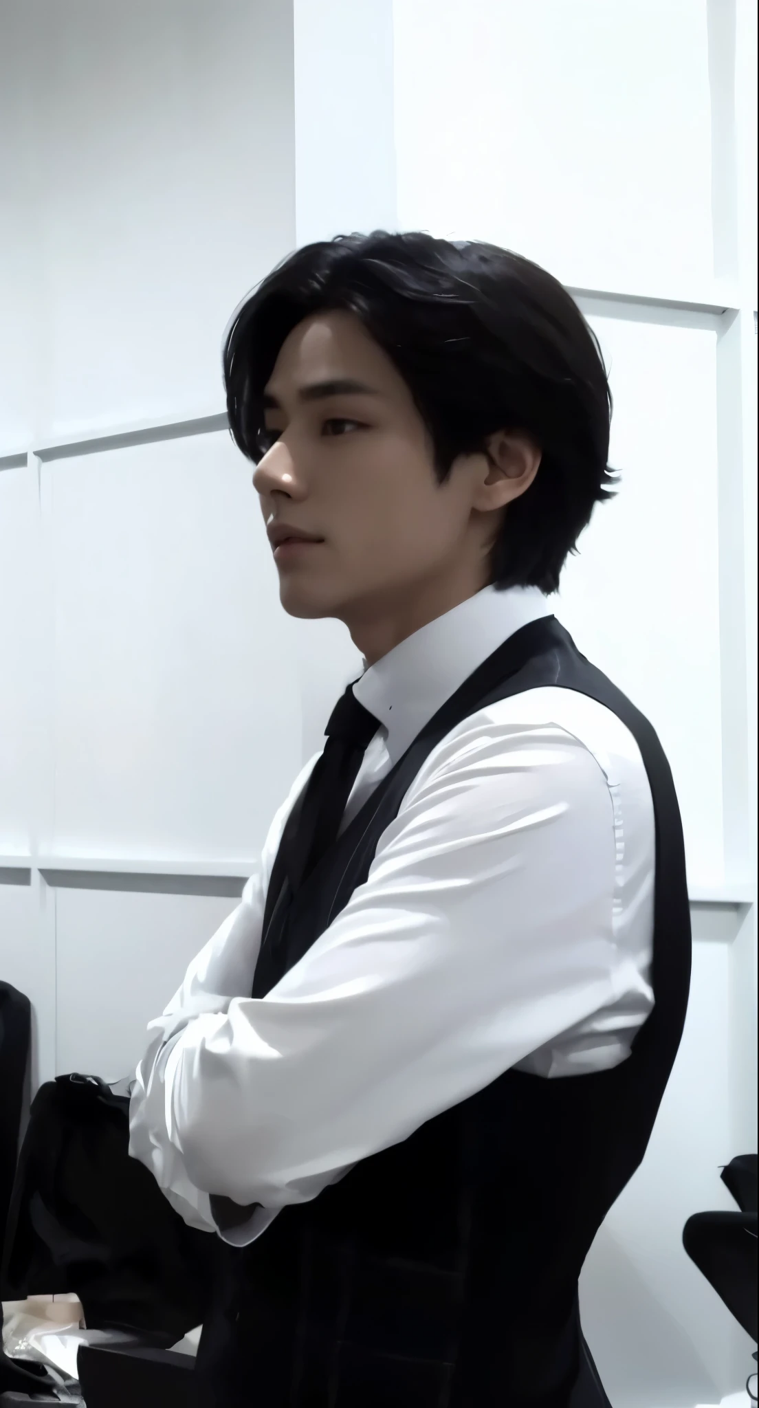 there is a man in a vest and tie, serious man young pale angel, he is wearing a suit, handsome prince, Kim Doyoung, cai xukun, Kim Taehyung, extremamente bonito, ele parece muito sofisticado, jia, Hsiao-ron, olhando para o lado dele, muito bonito, hyung tae, fazendo uma pose elegante, ultra HD, realista, He's looking forward, with a serious and sophisticated elegant look, realista