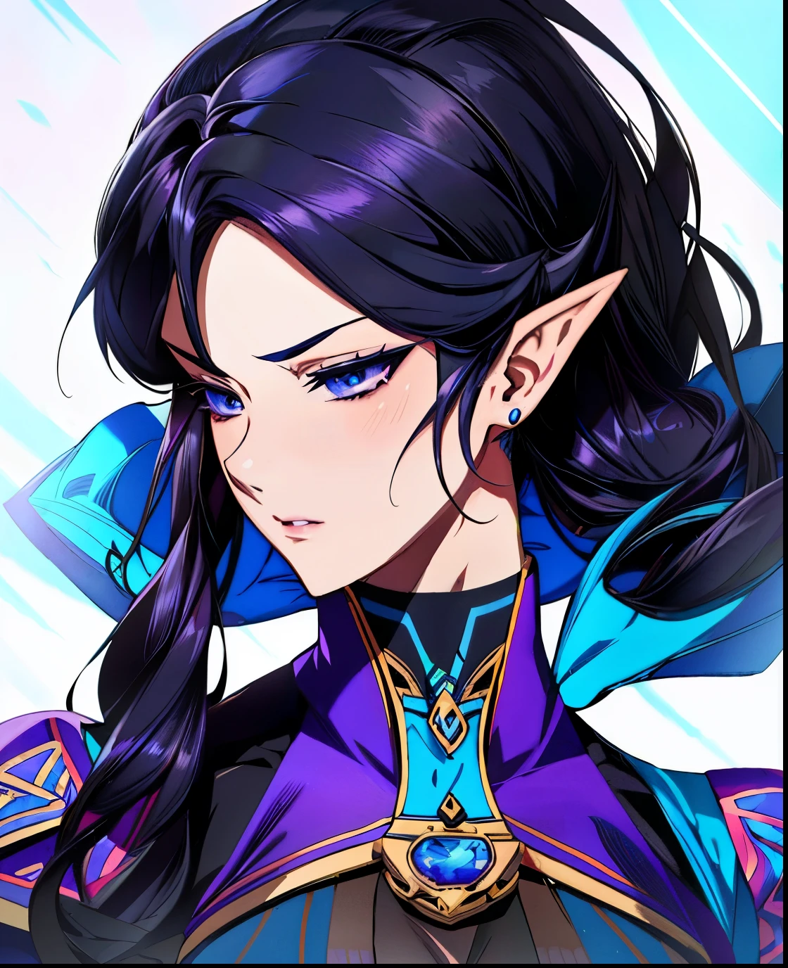 1woman, a close up of a mature woman in a dark purple outfit, highly detailed exquisite fanart, zero suit samus, high quality fanart, extremely detailed artgerm, video game fanart, detailed fanart, portrait of zelda, artgerm and rossdraws, :: rossdraws, zelda botw, fanart best artstation, rossdraws 1. 0, black hair and blue eyes, 4k art, 4k, hd art, hd, mature woman, archmage robes, [[black hair]], mature expression