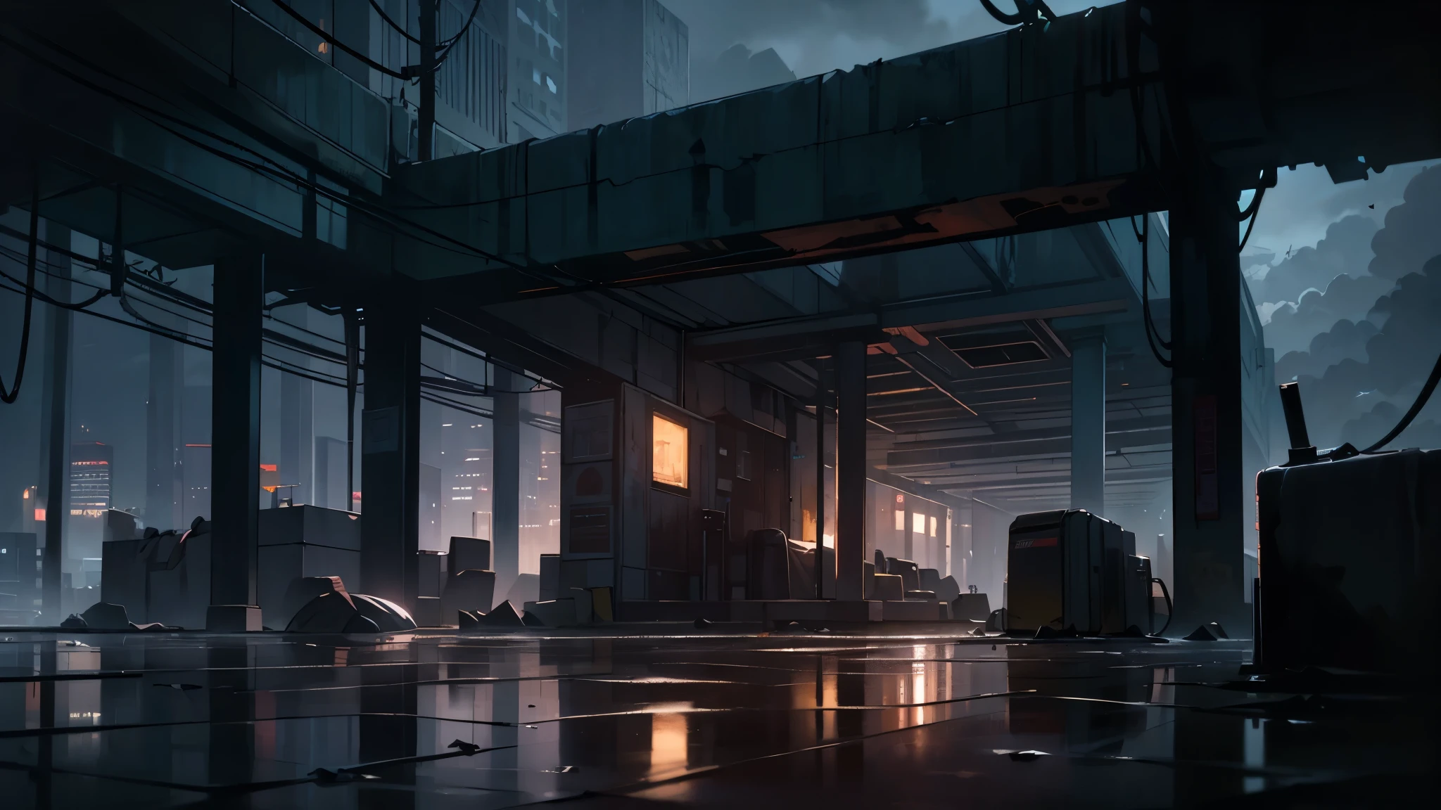 (masterpiece), (symmetrical framing point of view),(very dark environment),(suspense feeling),(very contrasting shadows),image of an abandoned 80s metro stop, graffiti on the walls, cracks, puddles of water reflecting light, lots of dirt on the floor, wiring, the dark silhouette of a city in the background, very dark closed night, dense fog, volume smoke, dim yellow bulb light, cloudy night sky, reflection of yellowish city light in clouds, pollution