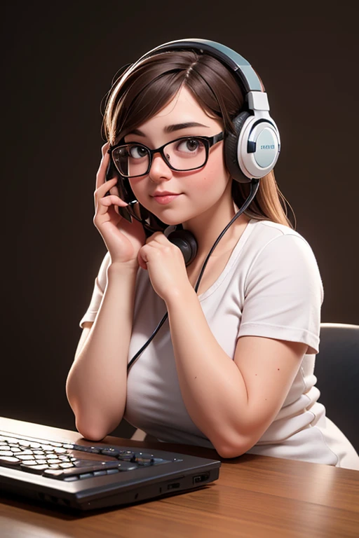 fat girl, with brown hair, wearing headphones, glasses, from the bust up, looking forward, with her hands on the keyboard, with the colored background