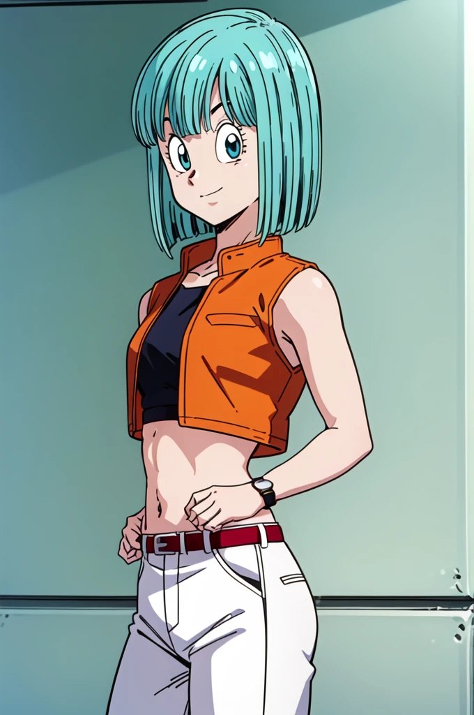 cell saga, short hair, aqua hair, bob cut, bangs, blue eyes, 1girl, solo, sleeveless jacket, open clothes, midriff, belt, orange jacket, open jacket, red crop top, white pants, wristwatch, cowboy shot,  from side, looking at viewer, light smile,
