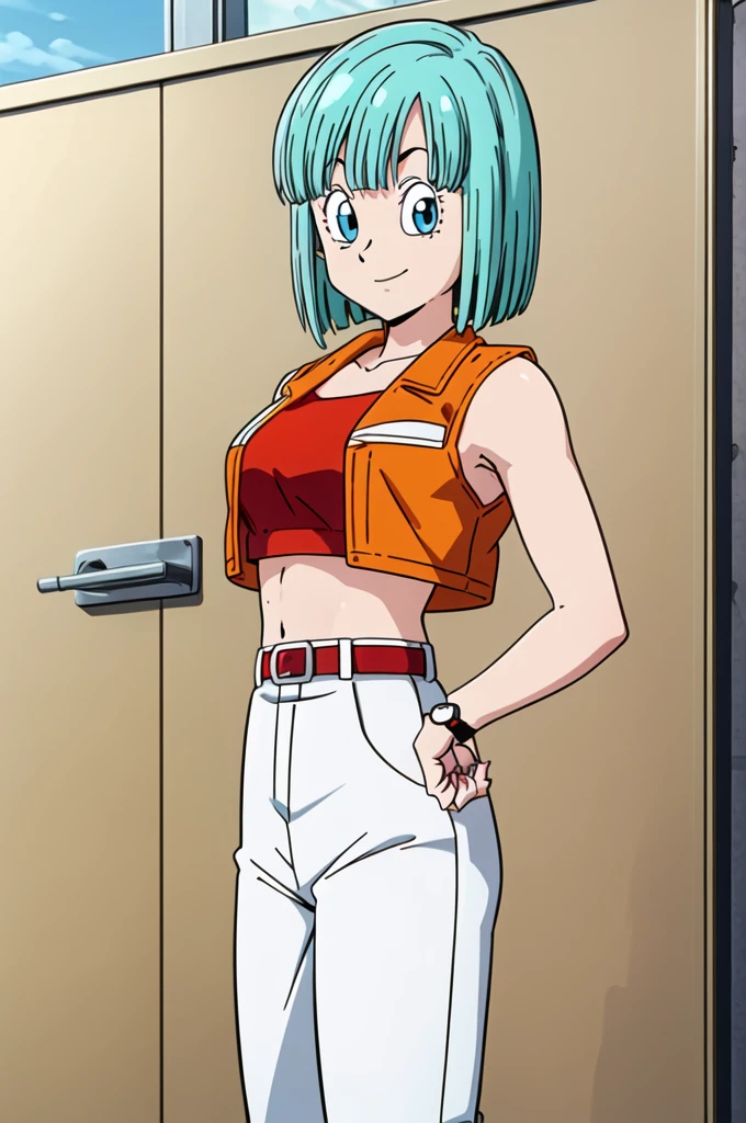cell saga, short hair, aqua hair, bob cut, bangs, blue eyes, 1girl, solo, sleeveless jacket, open clothes, midriff, belt, orange jacket, open jacket, red crop top, white pants, wristwatch, cowboy shot, from side, looking at viewer, light smile,