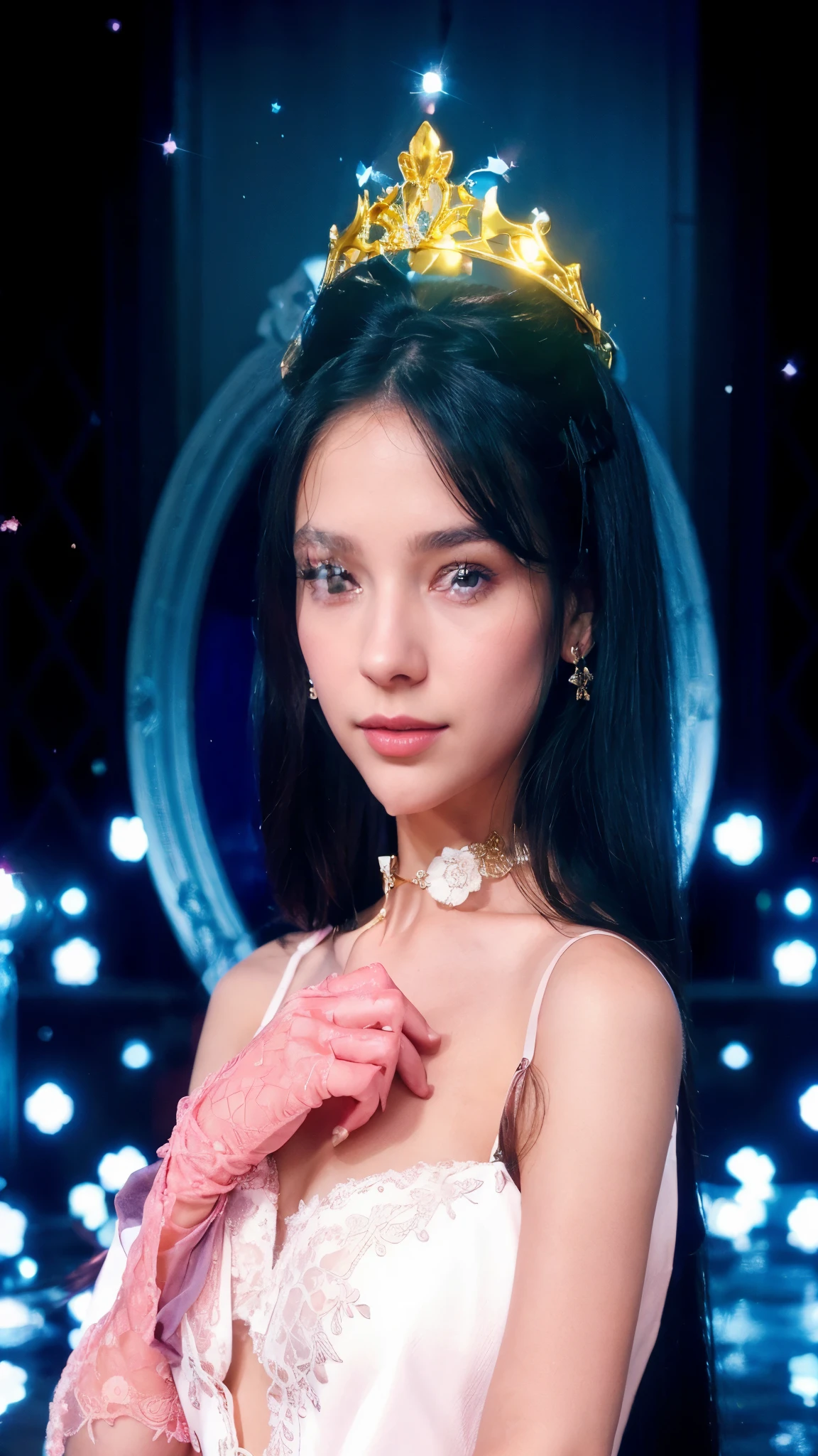 Beautiful Young woman, elegant beauty, in pastel color strap top, hand gloves made in lace, long straight hair, plump lips, flower choker necklace, golden skin, tiara