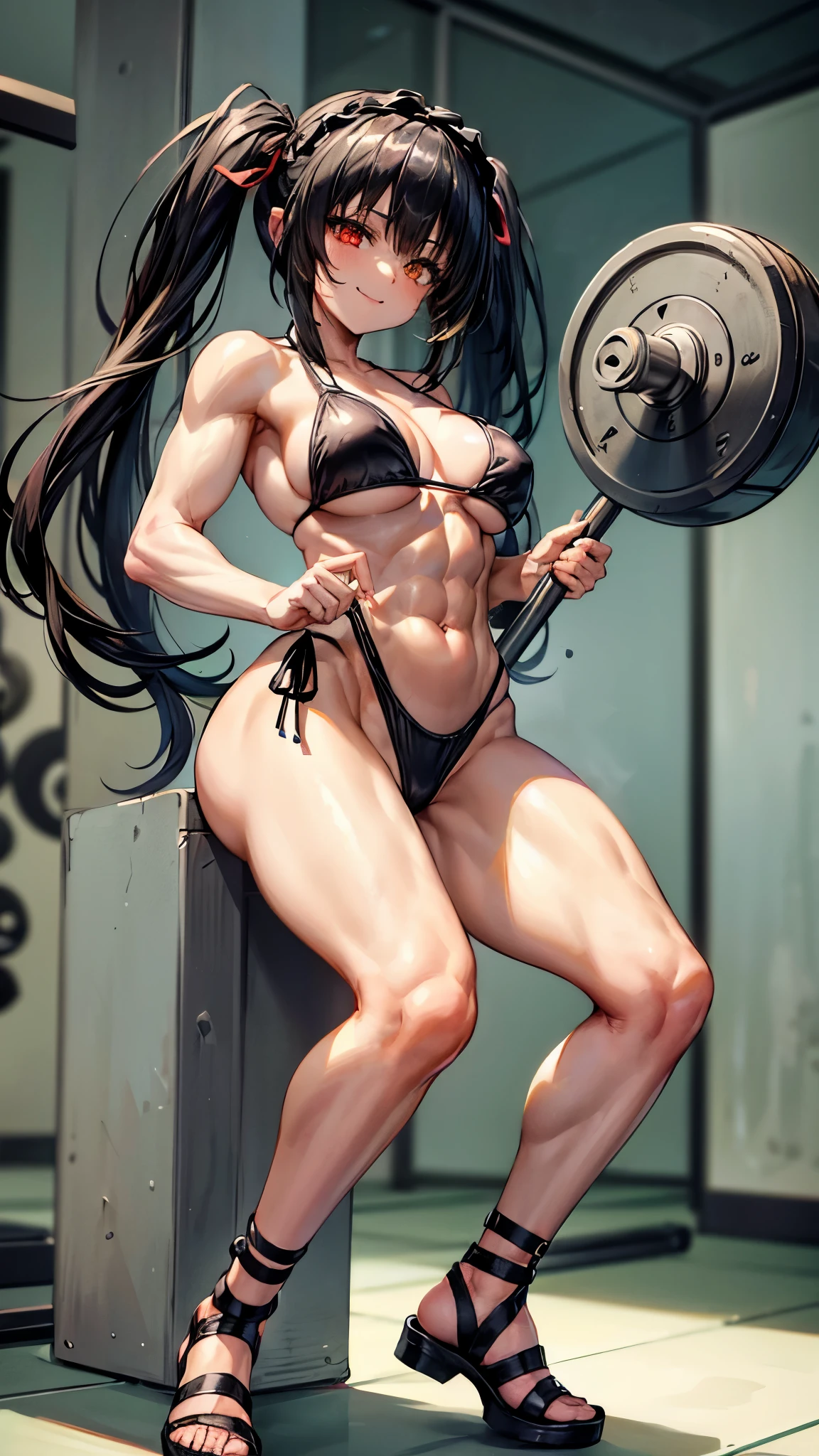 1 girl, Bare shoulders, Black hair, medium breasts, (muscular legs), bare legs, muscular belly, thin waist, (((clock eyes))), (wearing a very short and sexy bikini), (((In Gym Weightlifting))), full body photo, hair bow, (standing), heterochromia, black high heel shoes, ta hair band, Long hair, looking at viewer, red eyes, smiling, Alone, symbol-shaped pupils, (Kurumi tokisaki), (twintails), yellow eyes,