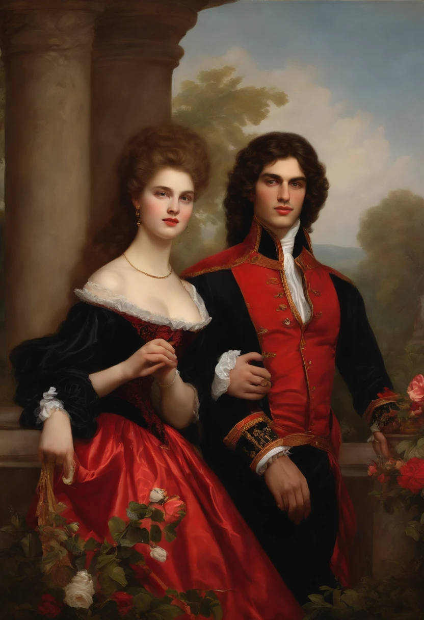 ((Baroque style painting of two men)) earrings, beautiful and sensual young men, lascivious and mischievous face, dressed in red, black and gold clothes in the style of the Victorian era, clean eyes, sexy and shapely mouth, long silky hair falling on her shoulders, ((looking at the camera)), ((Hugging each other in a garden with flowers and Greek columns)). baroque painting