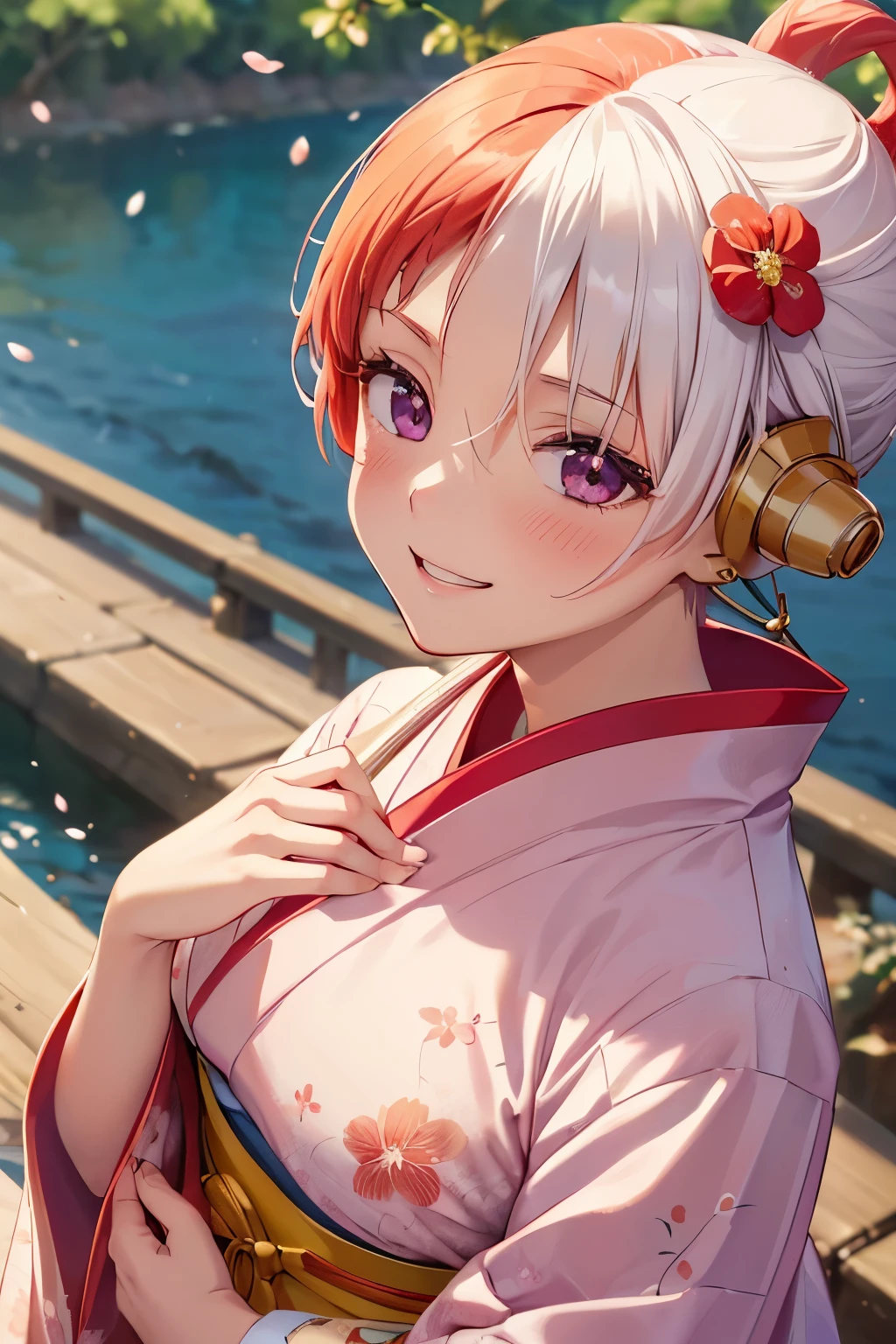 one piece, Song, Red and white hair, (alone:1.3), (one girl:1.3), (Mini Kimono:1.3), (gorgeous floral pattern:1.3), (Stall:1.3), medium-sized chest, blush, smile, open your mouth, highly detailed eyes, highly detailed fingers, super precise hands, (along the river:1.3), (Cherry tree:1.3), (extreme close up:1.3)