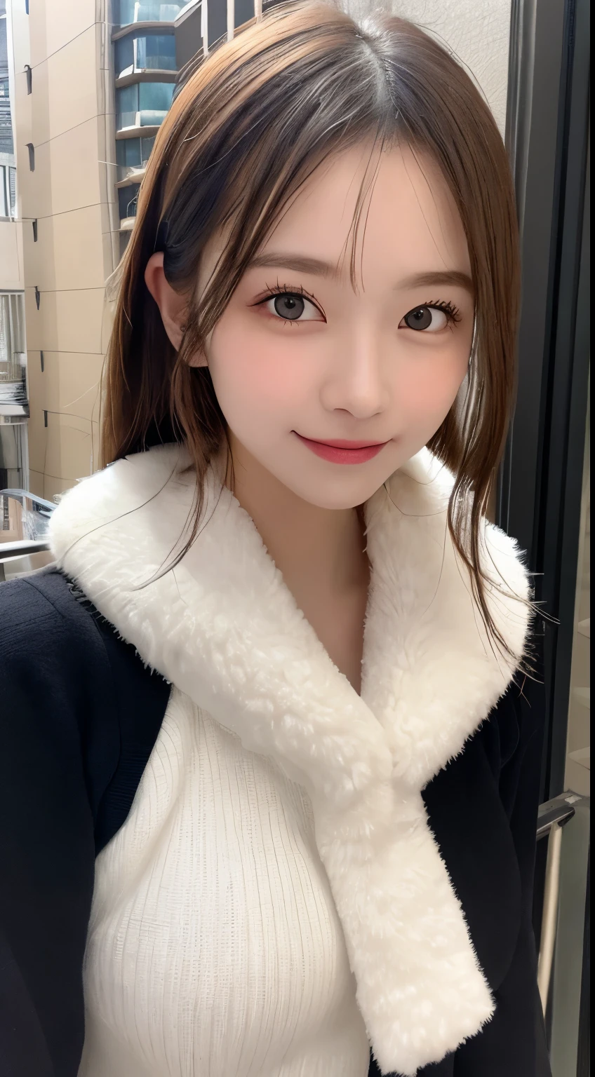 table top, highest quality, shape, Super detailed, finely, High resolution, 8k wallpaper, 完璧なダイナミックな構shape, beautiful and detailed eyes, tokyo trend冬ファッション,tokyo trend&Introducing cute hairstyles at random, small , natural color lip, random sexy pocute smile,big city、20 year old girl、beautiful and detailed face、perfect and beautiful face,Big eyes、fluffy black winter clothes(dress)、beautiful detailed face、perfect and beautiful double eyelids、blur the background、perfect and beautiful face、Bedroom in a luxury apartment、blur background,small face、Slim face and body