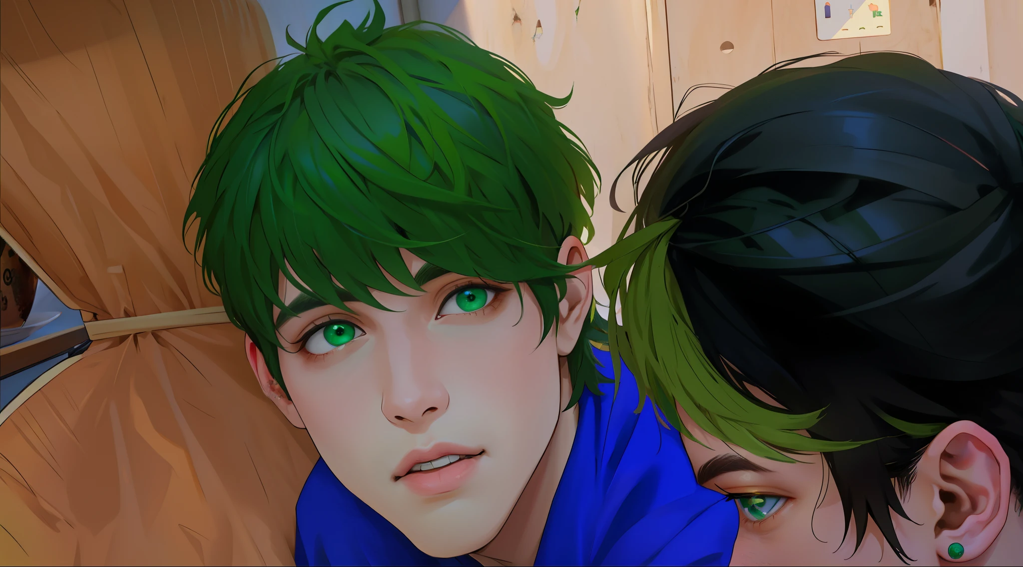 hay dis chicos sentado hablando tiene cabello verde labios de color verdes tieen un ojo verde y el otro ojo cafe