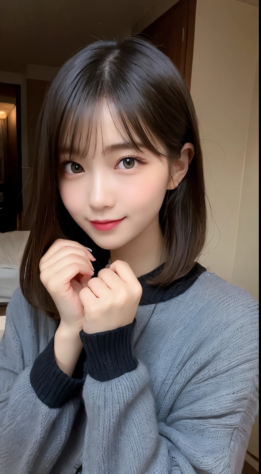 table top, highest quality, shape, Super detailed, finely, High resolution, 8k wallpaper, 完璧なダイナミックな構shape, beautiful and detailed eyes, tokyo trend冬ファッション,tokyo trend&Introducing cute hairstyles at random, small breasts, natural color lip, random sexy pose,cute smile,big city、20 year old girl、beautiful and detailed face、perfect and beautiful face,Big eyes、fluffy black winter clothes(dress)、beautiful detailed face、perfect and beautiful double eyelids、blur the background、perfect and beautiful face、Bedroom in a luxury apartment、blur background,small face、Slim face and body