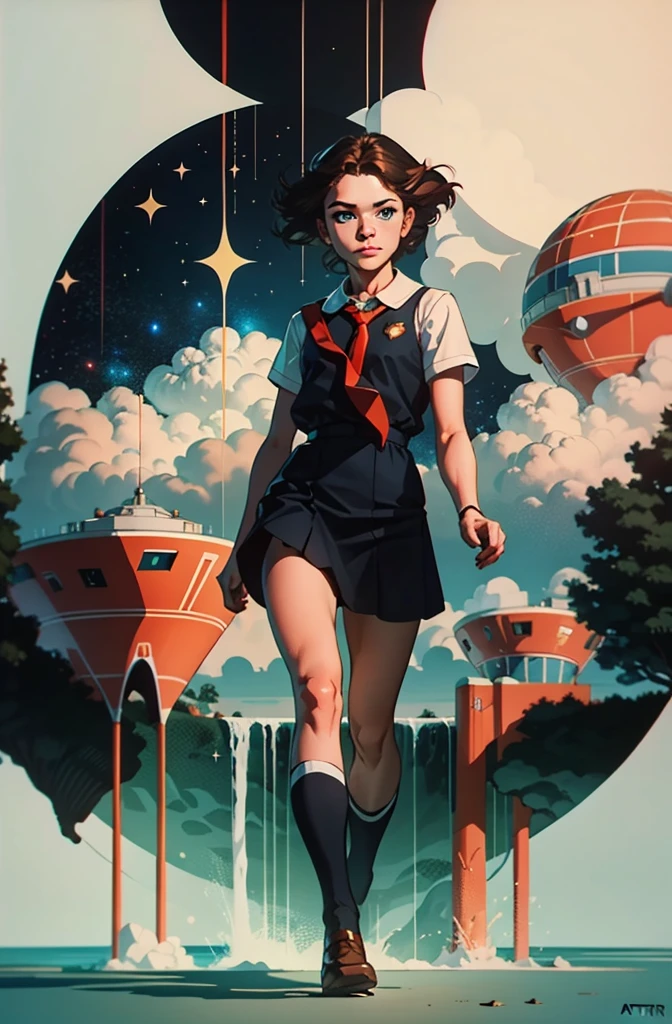 Masterpiece , minimalistic poster art, digital painting, (happy colorful epic:1.2), full body, beautiful 20 years old student girl walking in to camera , short brown hair, blue eyes, long black dress school uniform, red scout tie, (masterpiece art  background:1), CCDDA Artstyle, soviet retrofuturism, communism, utopia, human progress, spaceships, distant planets, stars,  highly detailed, 