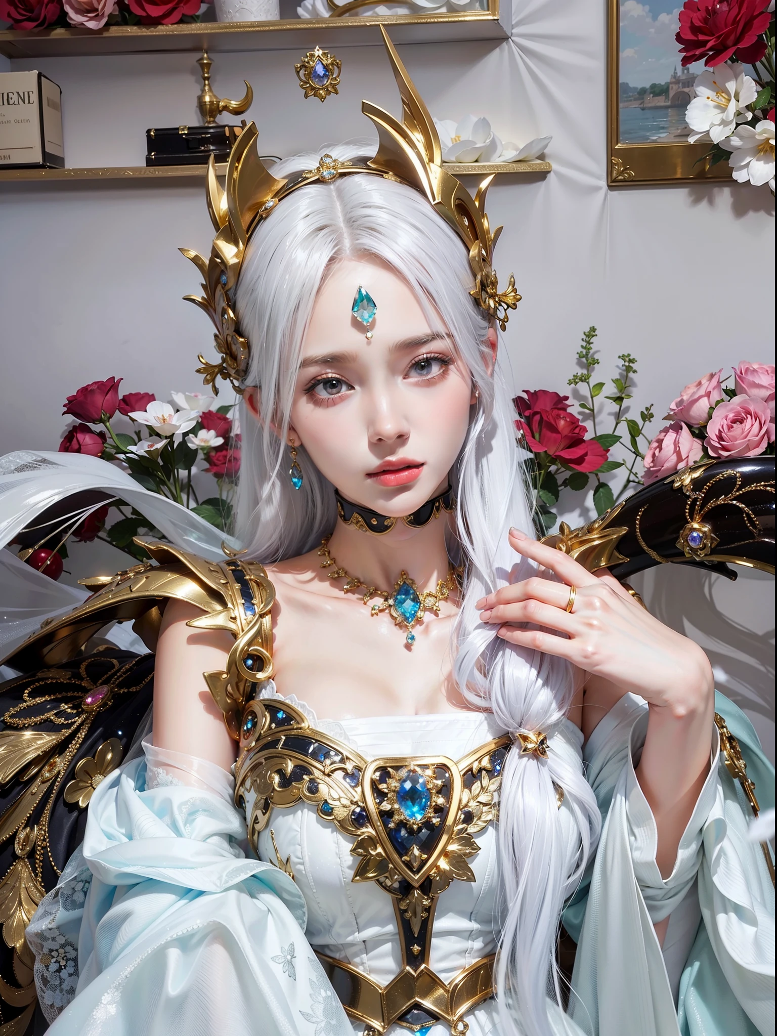 Royal sister,exquisite eyes,Detailed text,tall figure,Leg length,4K,HD,,White translucent lace,Fair and plump figure,pretty face,Little cherry mouth,beautiful and delicious(3D royal sister),Gorgeous dress encrusted with gemstones crystal gold diamonds,Wear shiny reflective gelcoat,