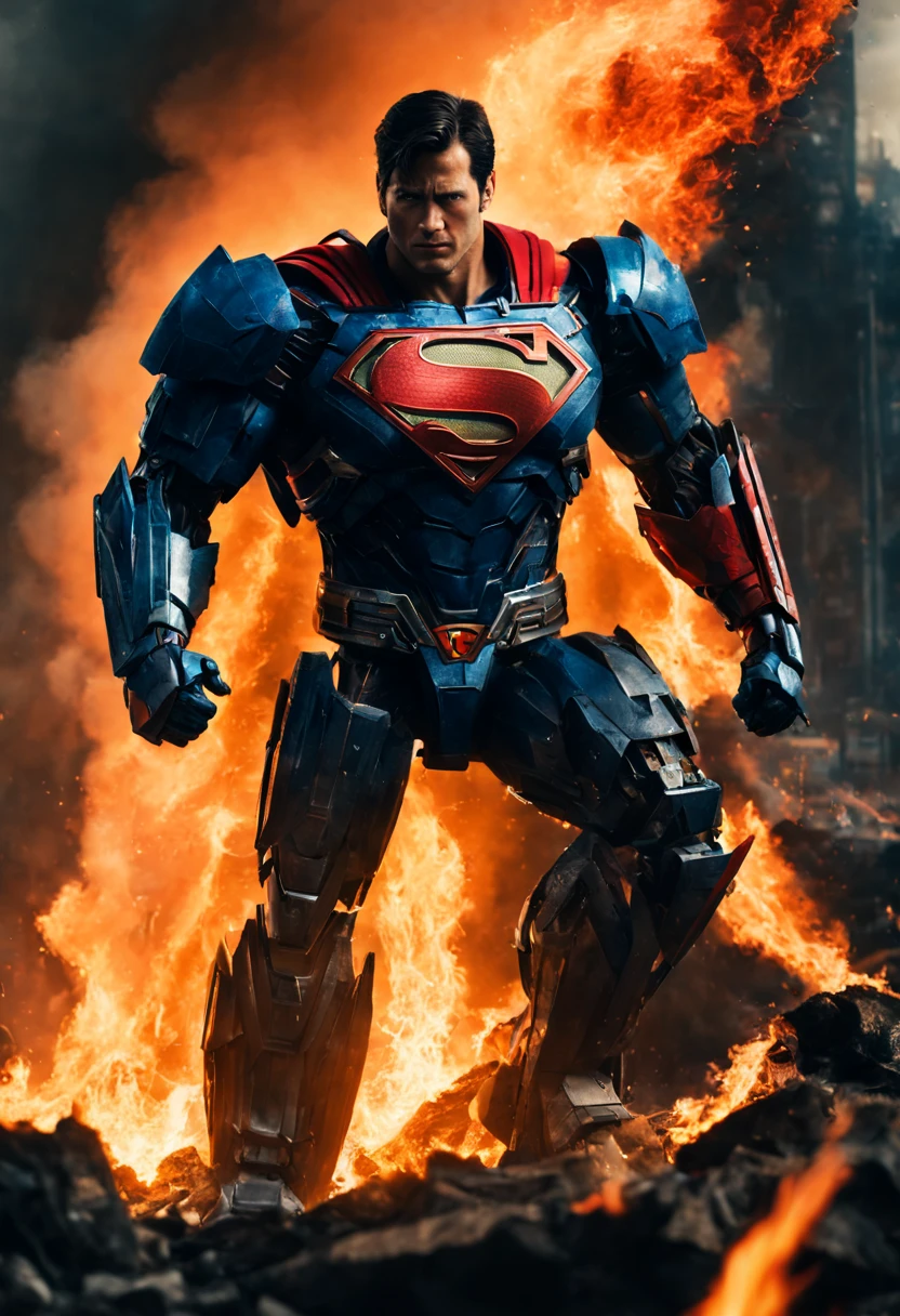 a close up of a superman squatting in front of a fire, transformers cinematic universe, wojtek fus, hq 4k wallpaper, transformers : the last knight, in the movie transformers, thertrevkaiser, Henry Cavill as superman, artstation masterpiece, super robot, superman fused with optimus prime, japanese dc live-action movie, hd wallpaper, inspired by Zack Snyder, Henry Cavil so handsome, superman wallpapers hd superman wallpapers hd wallpapers hd wallpapers, superman emerging from the sun, fractal thunder dan mumford, experimental supersoldier, superman pose, glowing in power, dc comics art style, superman, dan mumford. octane render, ultra instinct, super hero art, inspired by Rob Liefeld, super power, dan mumford. 8 k octane render, epic comic book style