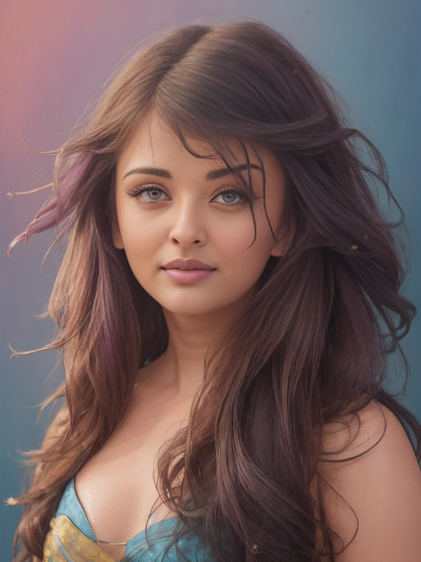 Colorful beautiful girl: Aishwarya Rai, messy hair, oil painting, nice perfect face with soft skinice perfect face, blue yellow colors, light purple and violet additions, light red additions, intricate detail, splash screen, 8k resolution, masterpiece, cute face,artstation digital painting smooth veryBlack ink flow: 8k resolution photorealistic masterpiece: intricately detailed fluid gouache painting: by Jean Baptiste Mongue: calligraphy: acrylic: watercolor art, professional photography, natural lighting, volumetric lighting maximalist photoillustration: by marton bobzert:, complex, elegant, expansive, fantastical, wavy hair, vibrant